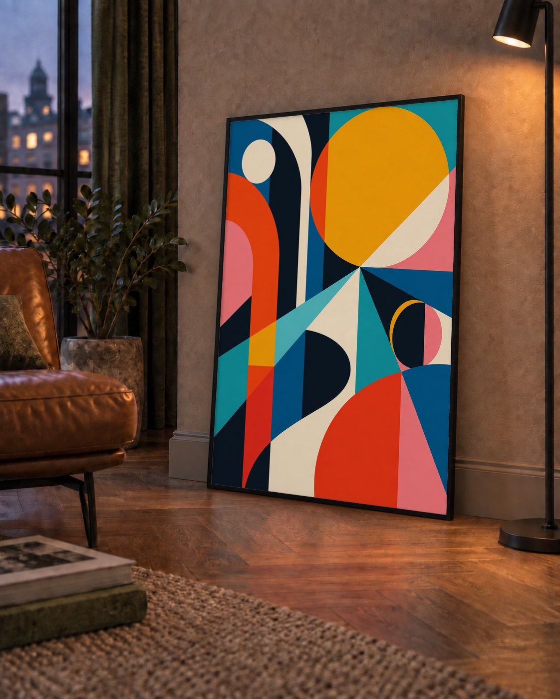 Soyut Geometrik Canlı Renkli Modern Poster Duvar Dekoru — çerçeveli hâliyle bir ev duvarında