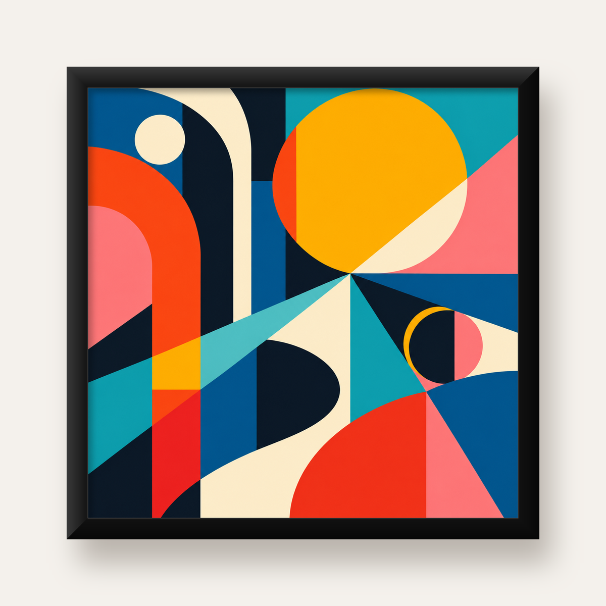 Soyut Geometrik Canlı Renkli Modern Poster Duvar Dekoru — Kare baskı, düz siyah çerçeveli duvar posteri