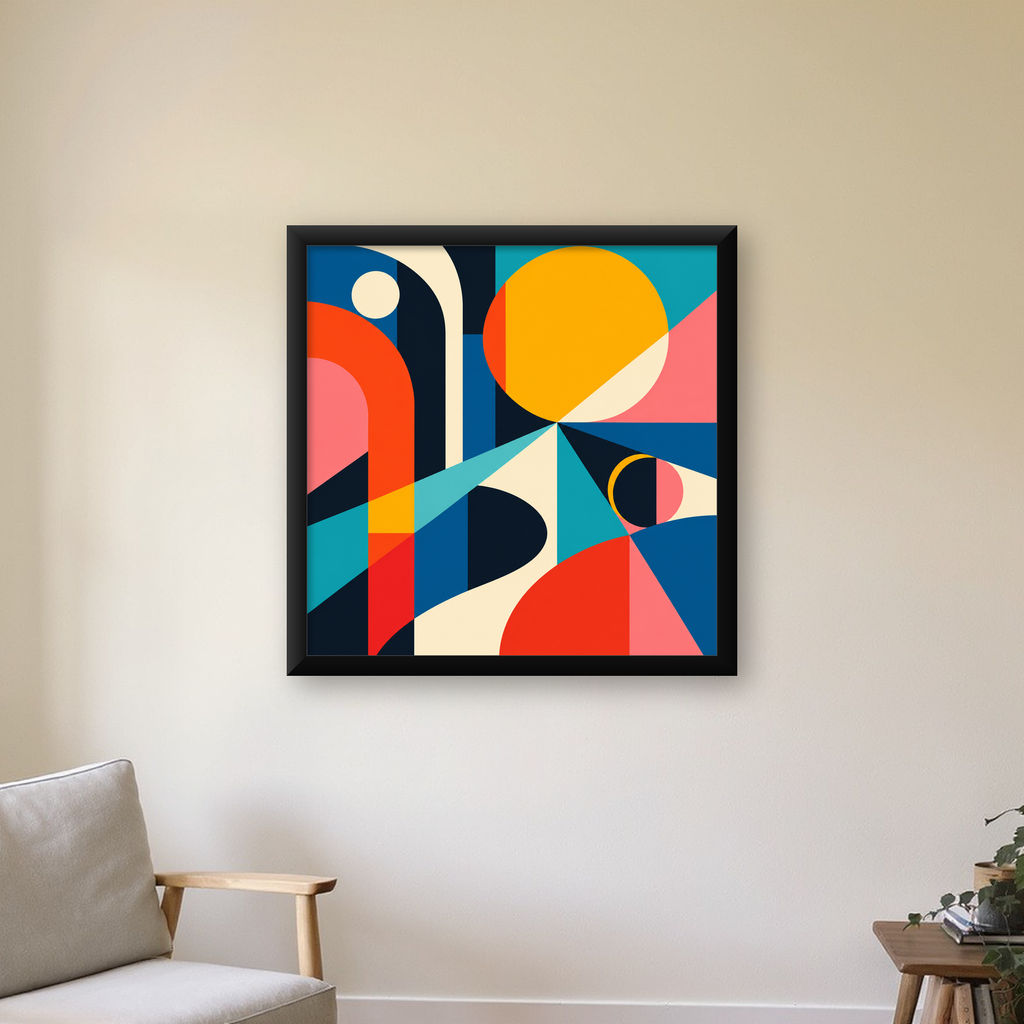 Soyut Geometrik Canlı Renkli Modern Poster Duvar Dekoru — Kare baskı, çerçeveli hâliyle bir ev duvarında