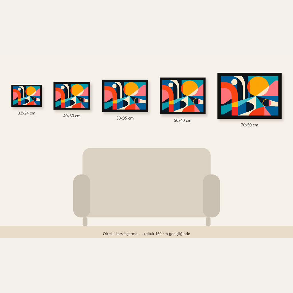 Soyut Geometrik Canlı Renkli Modern Poster Duvar Dekoru — Yatay ölçülerinin karşılaştırması