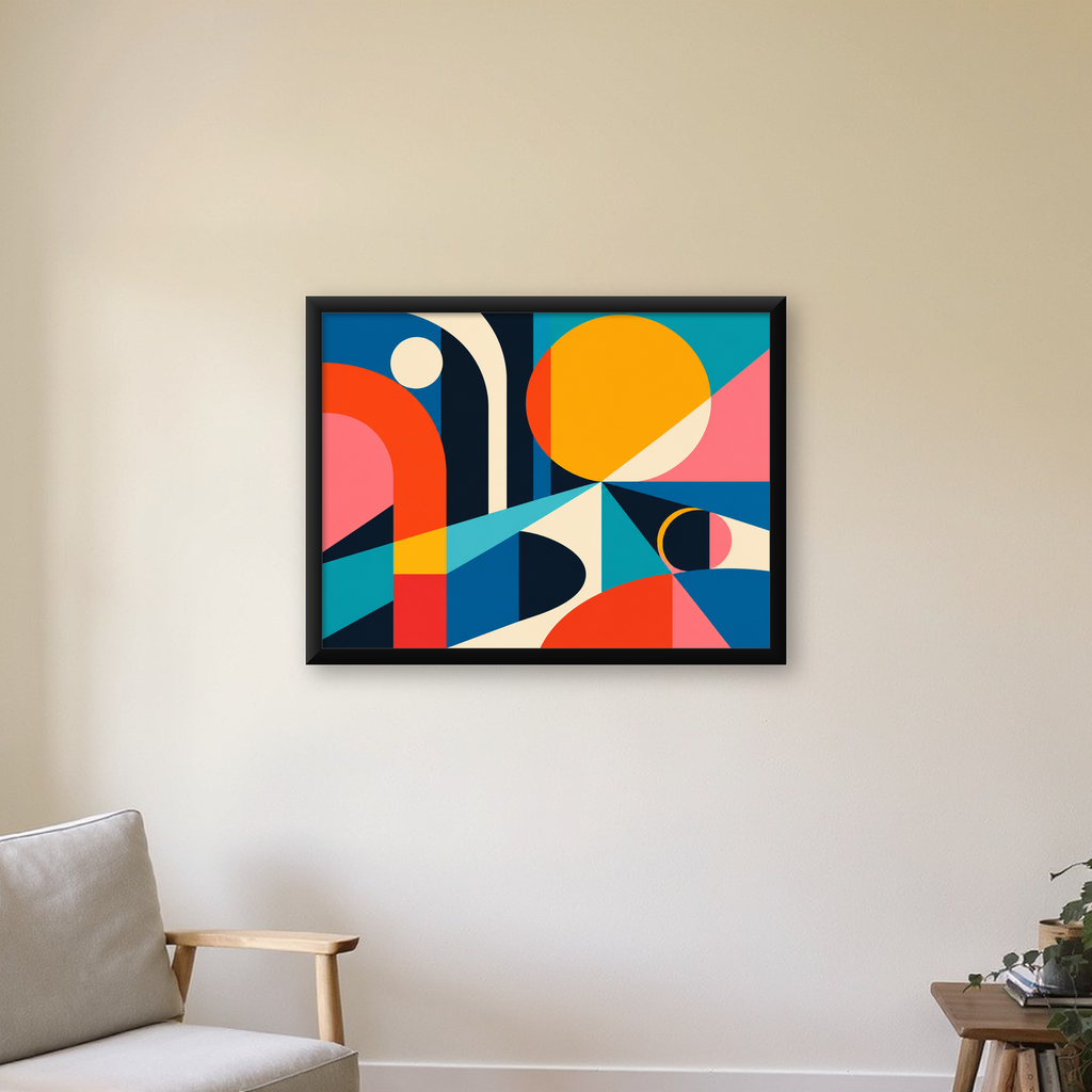 Soyut Geometrik Canlı Renkli Modern Poster Duvar Dekoru — Yatay baskı, çerçeveli hâliyle bir ev duvarında