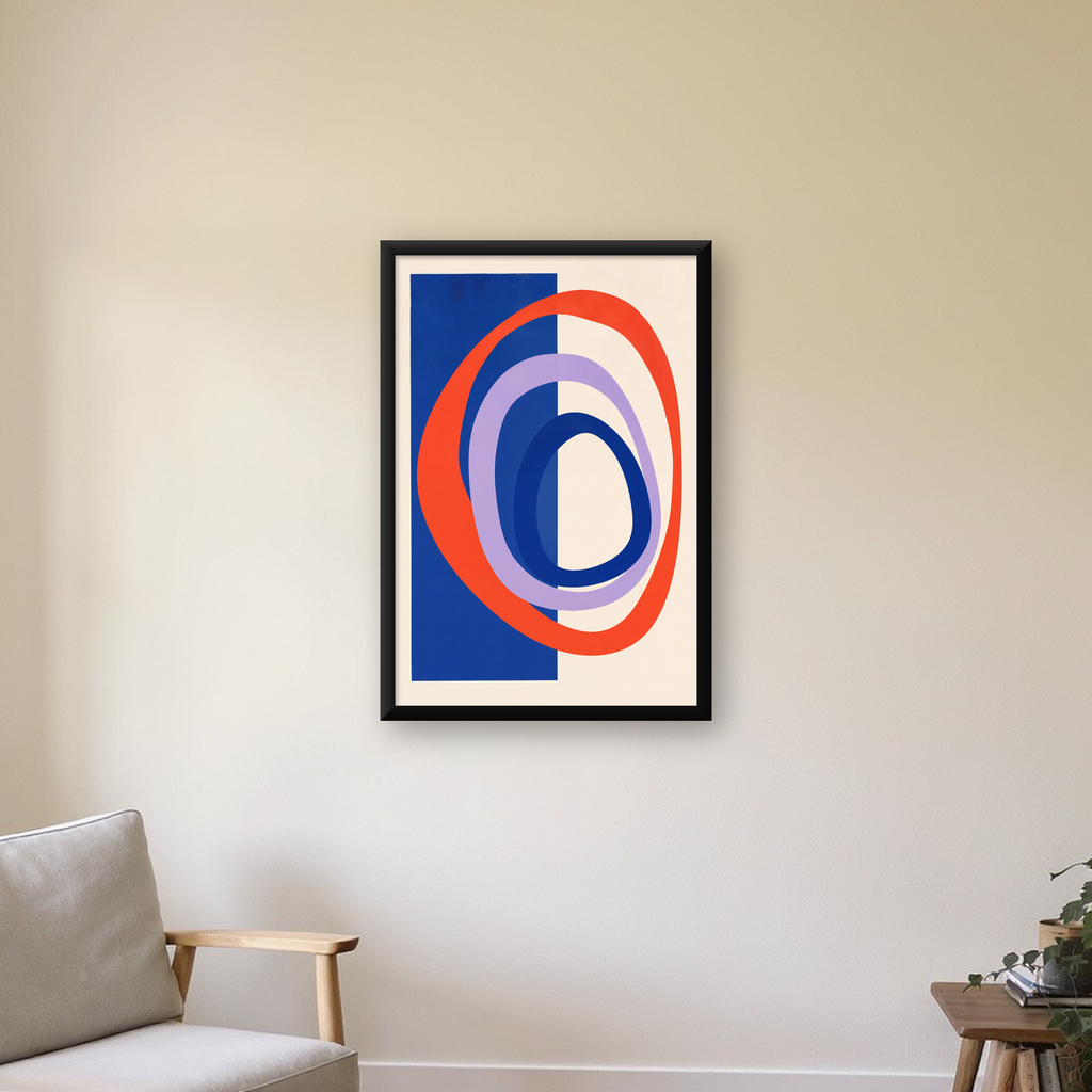 Soyut Geometrik Şekiller Poster – Modern Dijital Baskı — çerçeveli hâliyle bir ev duvarında