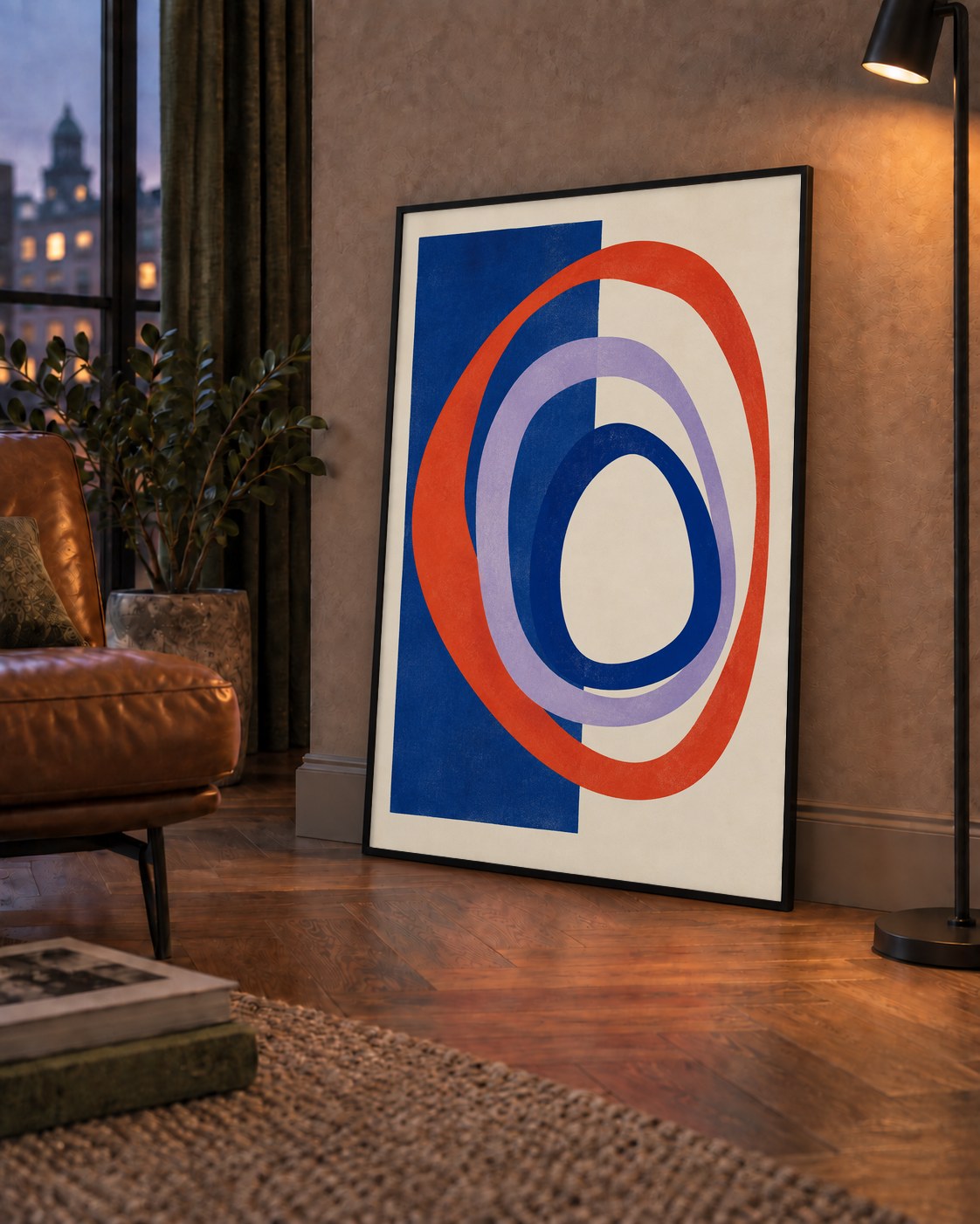Soyut Geometrik Şekiller Poster – Modern Dijital Baskı — çerçeveli hâliyle bir ev duvarında