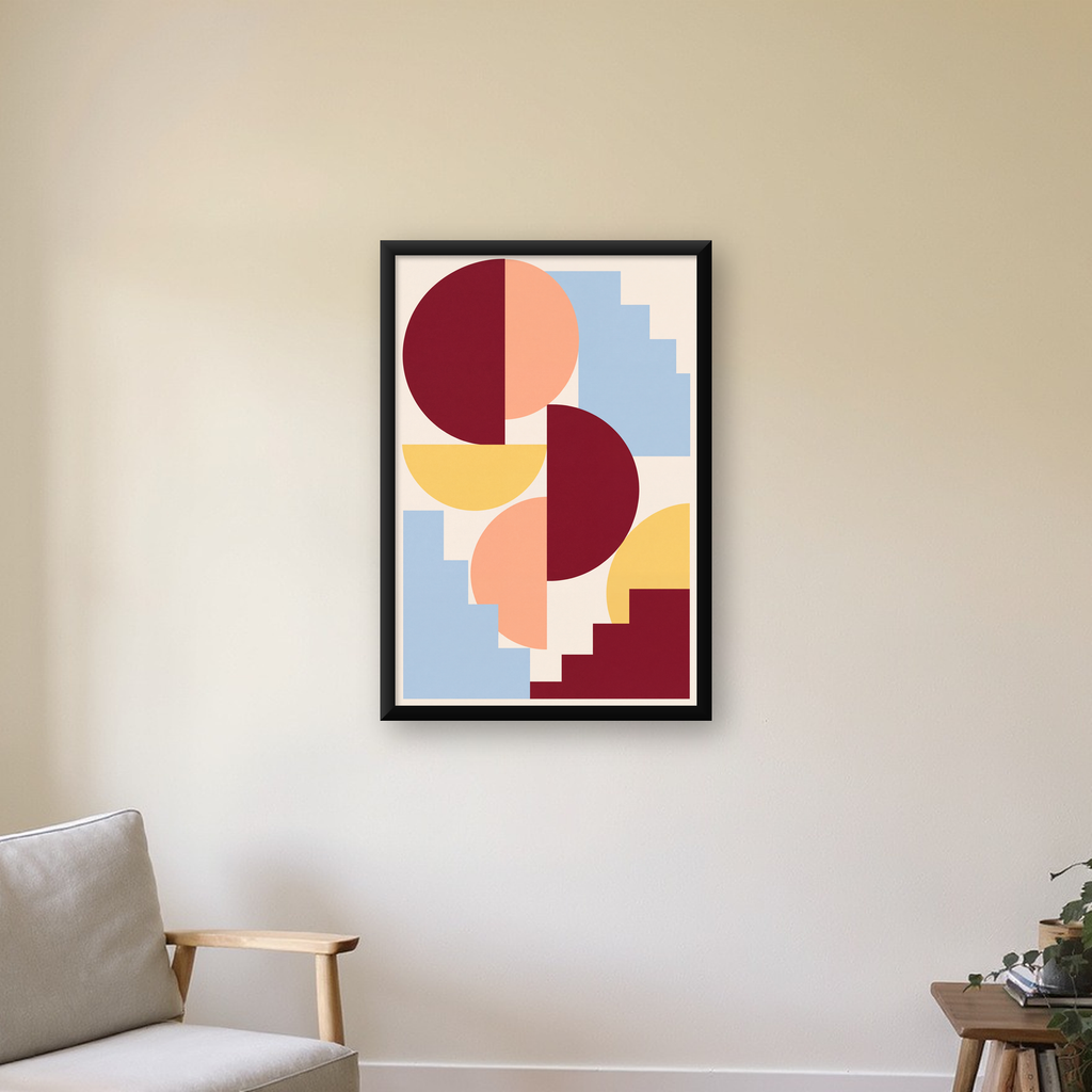 Soyut Geometrik Şekiller Dijital Poster | Modern Sanat Baskısı — çerçeveli hâliyle bir ev duvarında