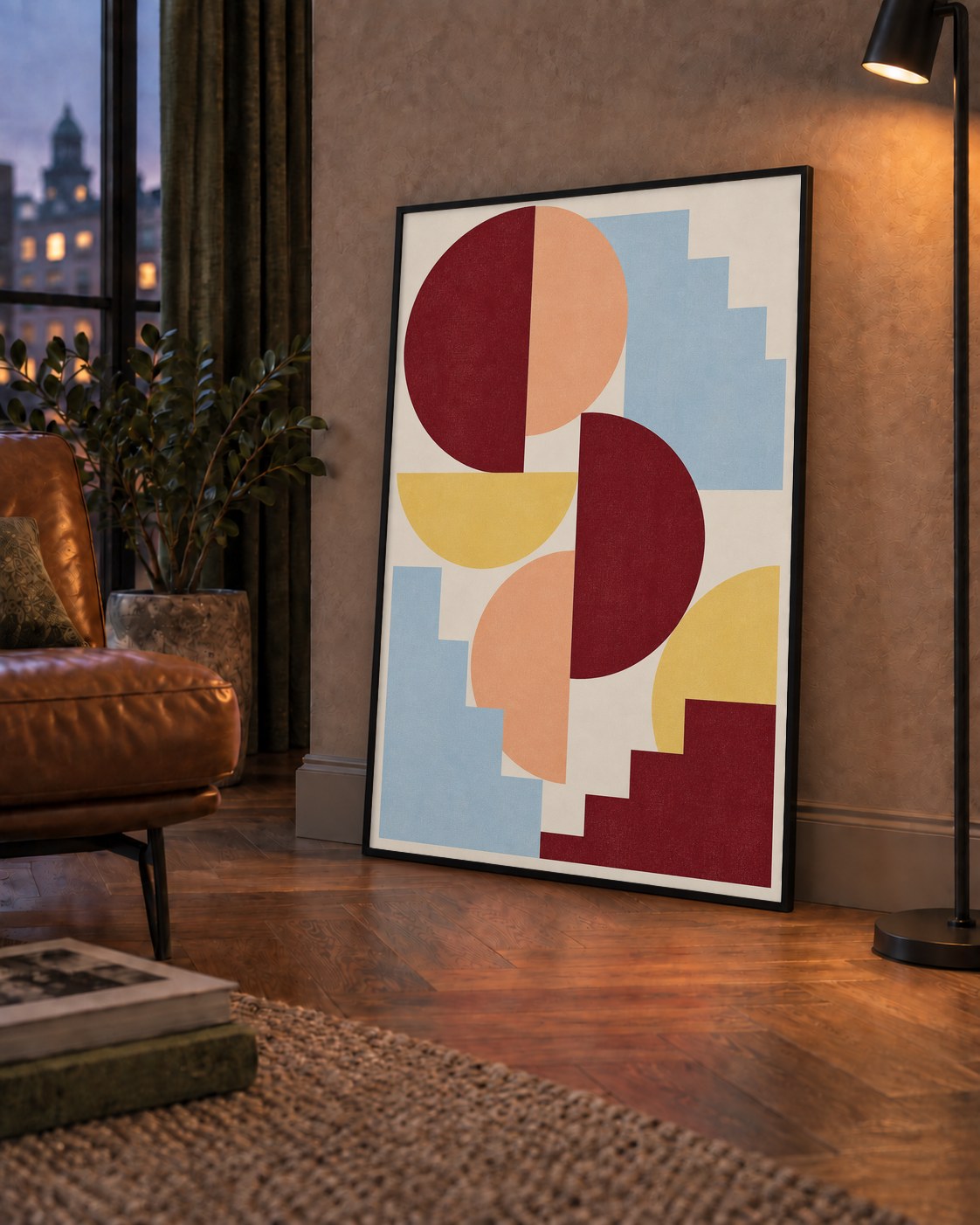 Soyut Geometrik Şekiller Dijital Poster | Modern Sanat Baskısı — çerçeveli hâliyle bir ev duvarında