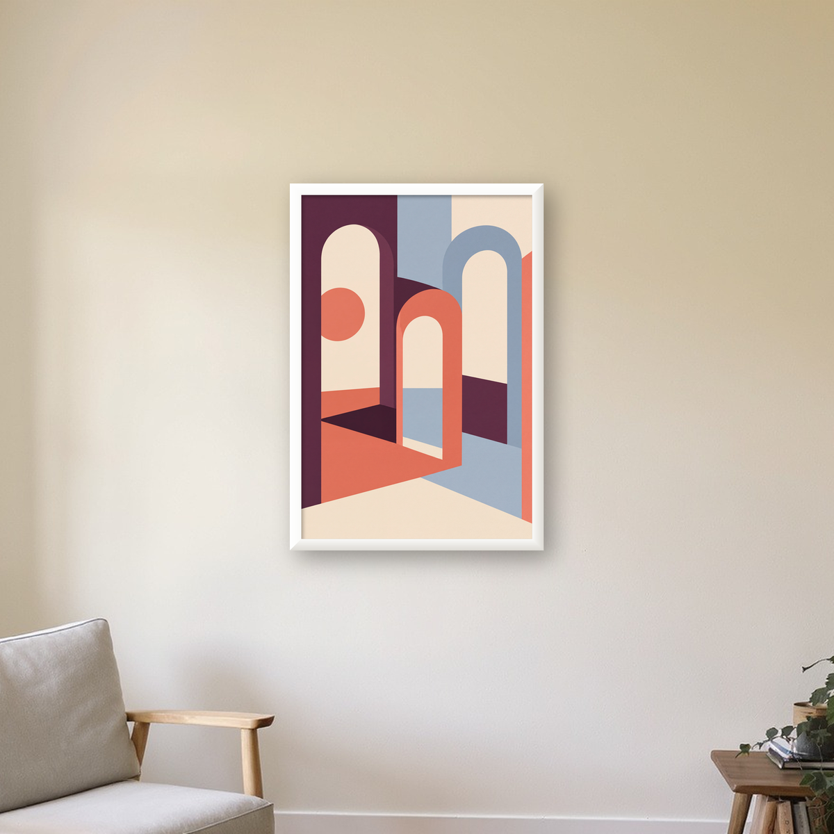 Soyut Kemerli Mimari – Minimalist Sanat Poster Baskısı — beyaz çerçeveli dikey poster