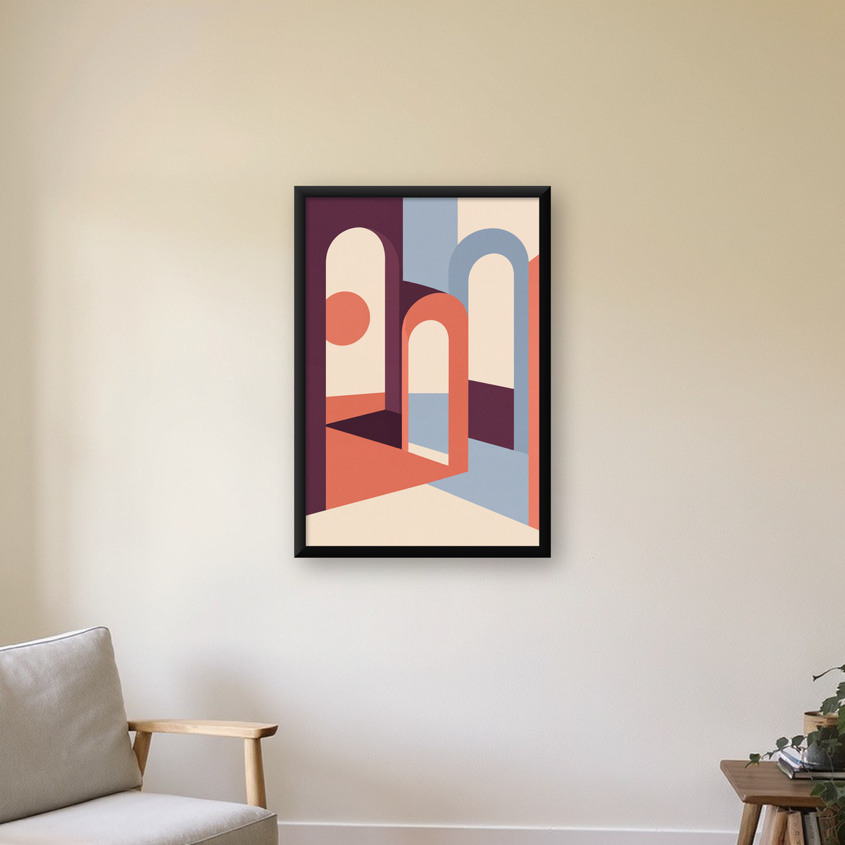 Soyut Kemerli Mimari – Minimalist Sanat Poster Baskısı — çerçeveli hâliyle bir ev duvarında