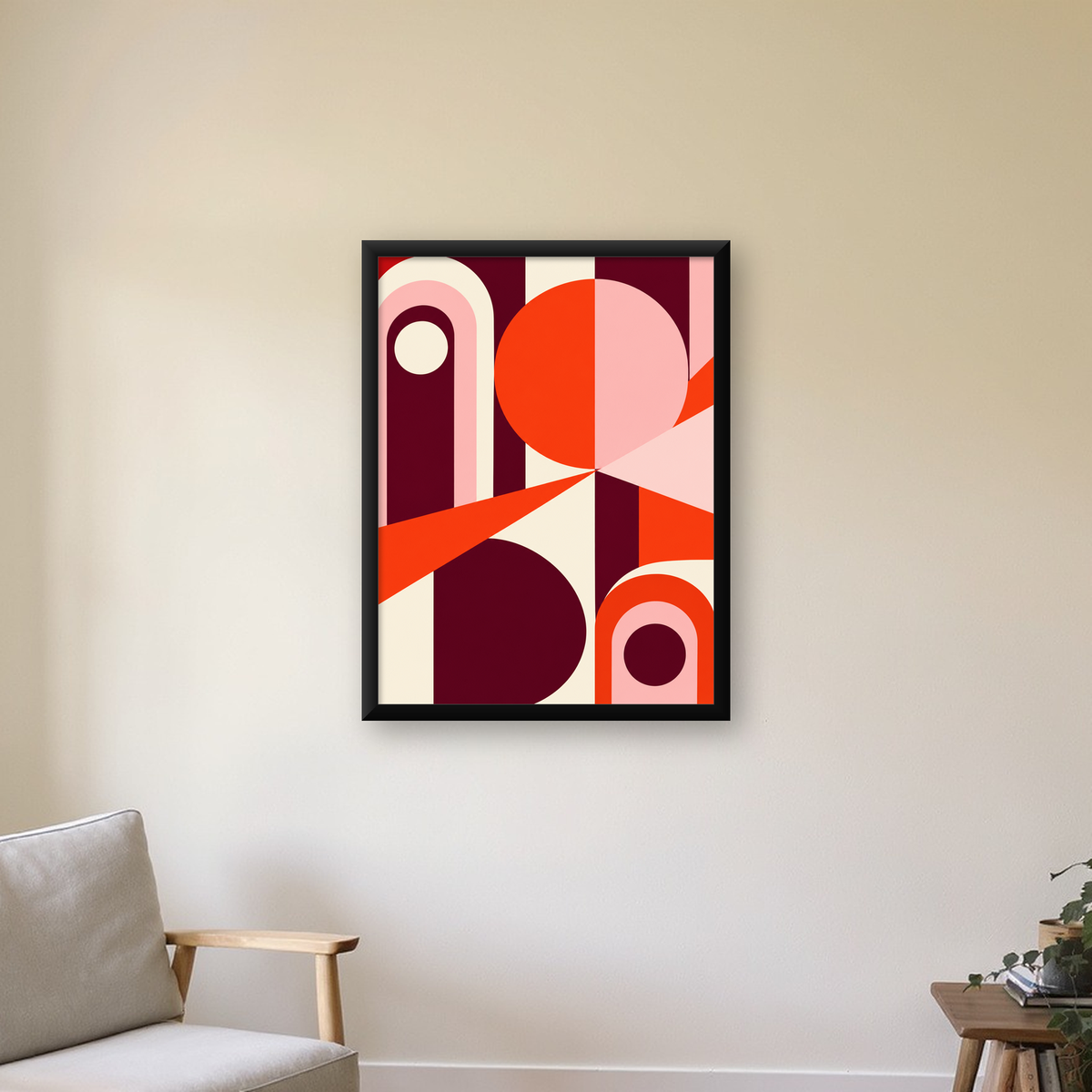Soyut Geometrik Modern Poster – Canlı Renkli Minimal Tasarım — Dikey baskı, çerçeveli hâliyle bir ev duvarında