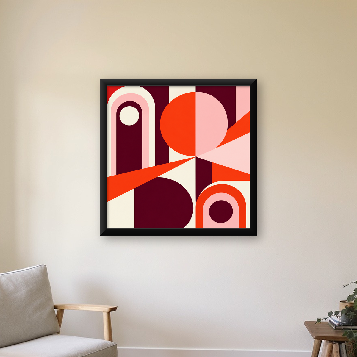 Soyut Geometrik Modern Poster – Canlı Renkli Minimal Tasarım — Kare baskı, çerçeveli hâliyle bir ev duvarında