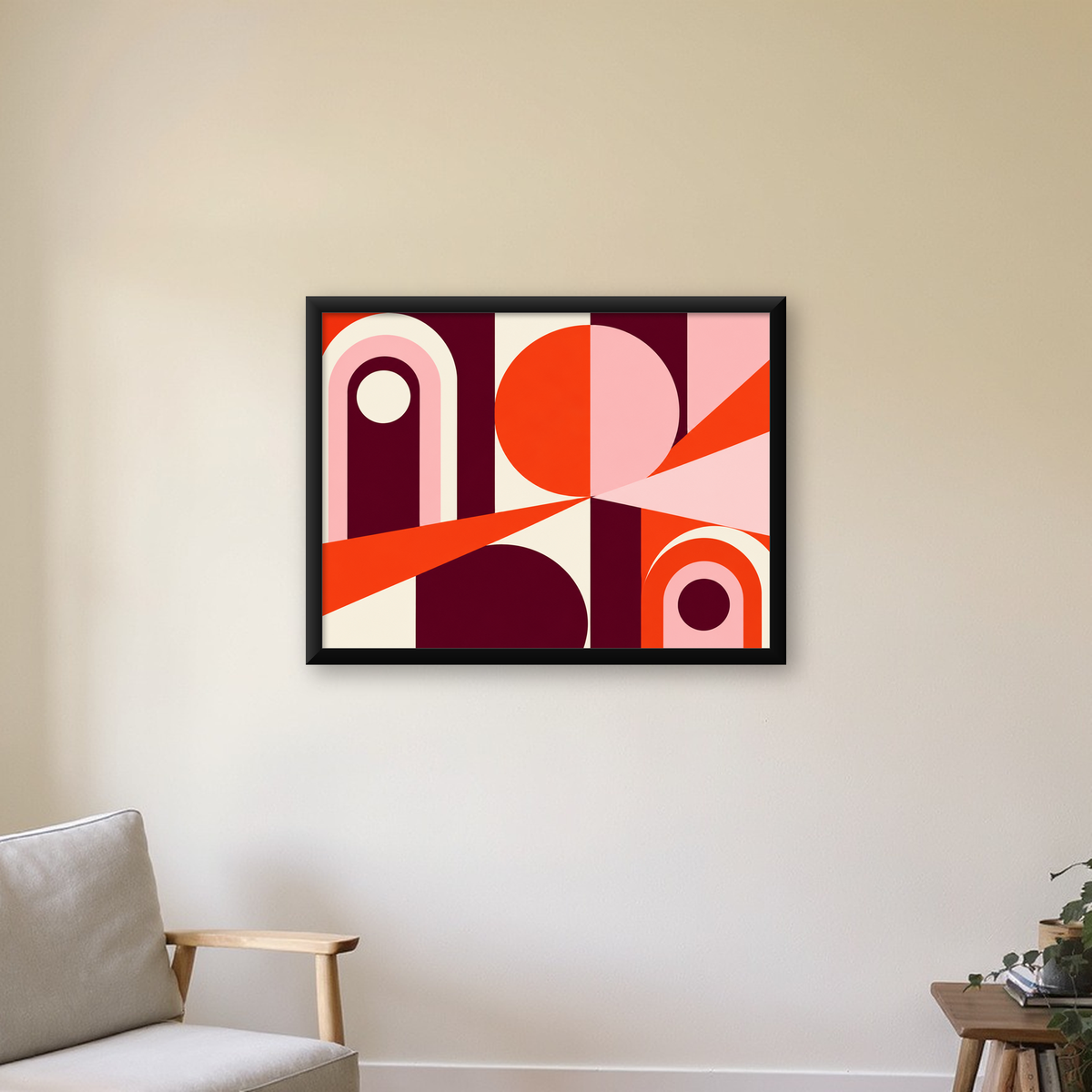 Soyut Geometrik Modern Poster – Canlı Renkli Minimal Tasarım — Yatay baskı, çerçeveli hâliyle bir ev duvarında