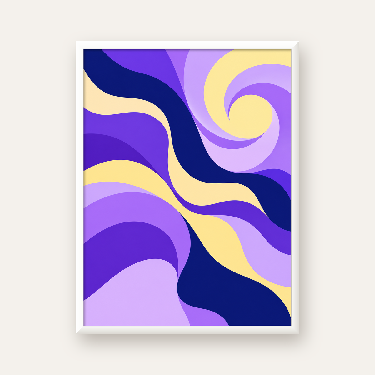 Mor ve Sarı Dalgalı Soyut Poster – Modern Dijital Sanat — beyaz çerçeveli dikey poster
