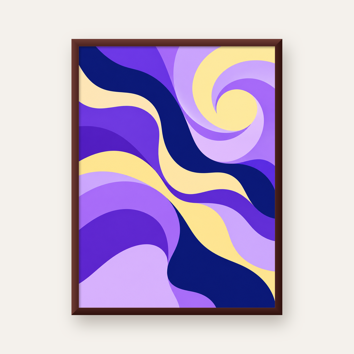 Mor ve Sarı Dalgalı Soyut Poster – Modern Dijital Sanat — ceviz çerçeveli