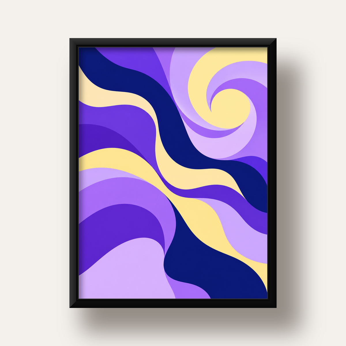 Mor ve Sarı Dalgalı Soyut Poster – Modern Dijital Sanat — siyah derin çerçeveli