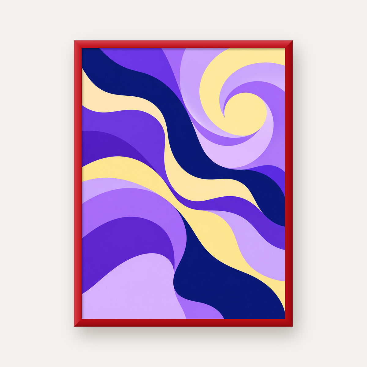 Mor ve Sarı Dalgalı Soyut Poster – Modern Dijital Sanat — kırmızı çerçeveli
