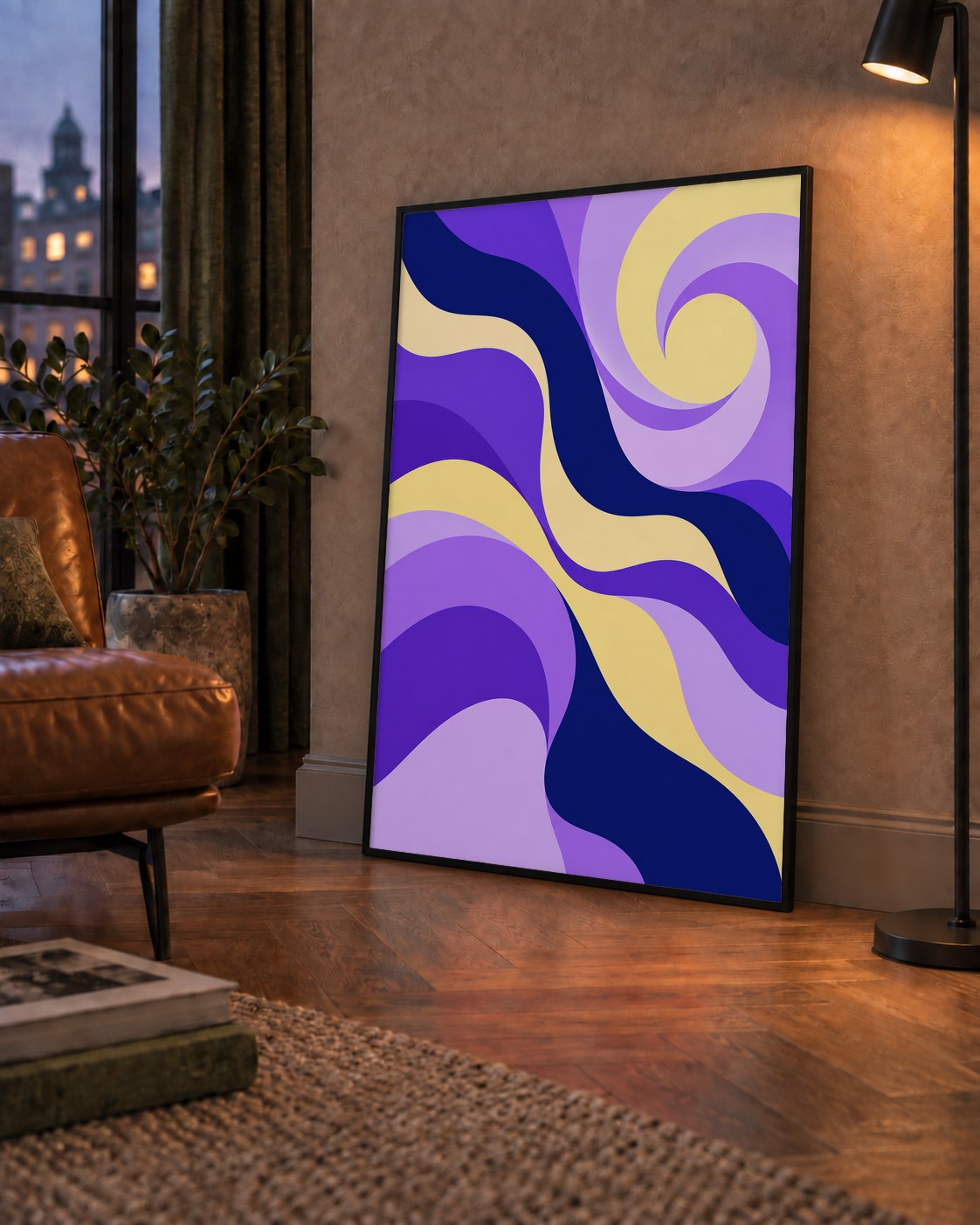 Mor ve Sarı Dalgalı Soyut Poster – Modern Dijital Sanat — çerçeveli hâliyle bir ev duvarında