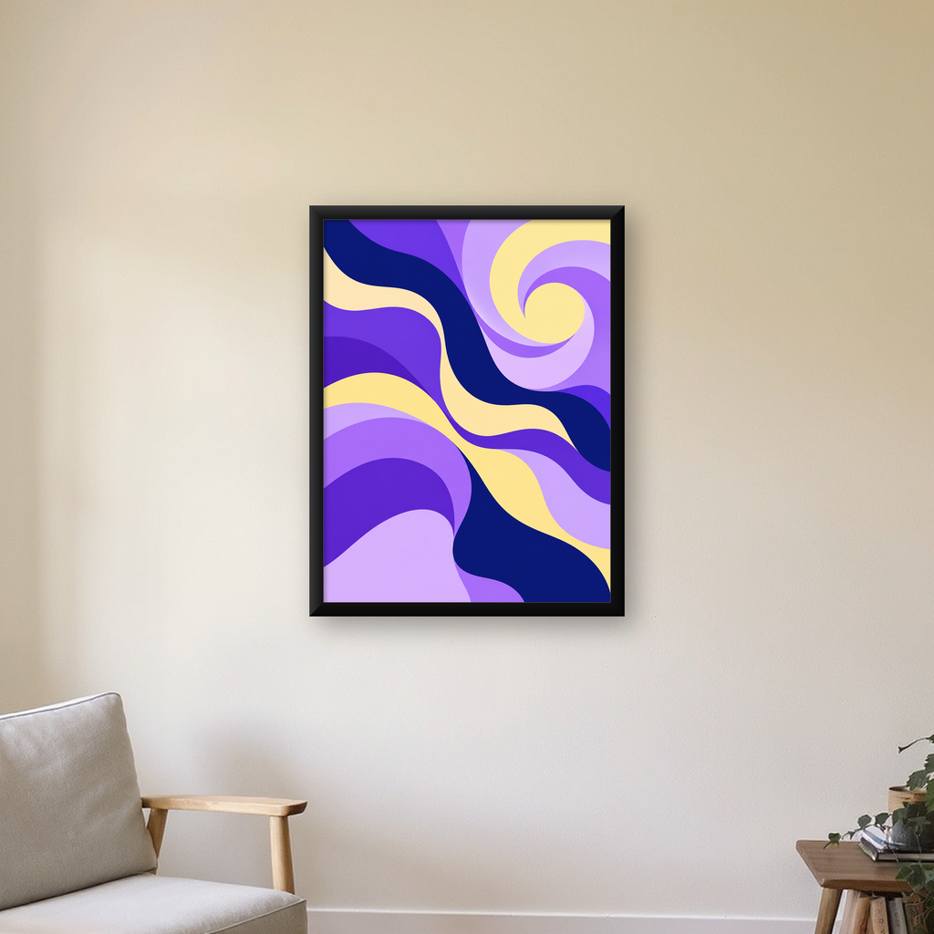 Mor ve Sarı Dalgalı Soyut Poster – Modern Dijital Sanat — Dikey baskı, çerçeveli hâliyle bir ev duvarında