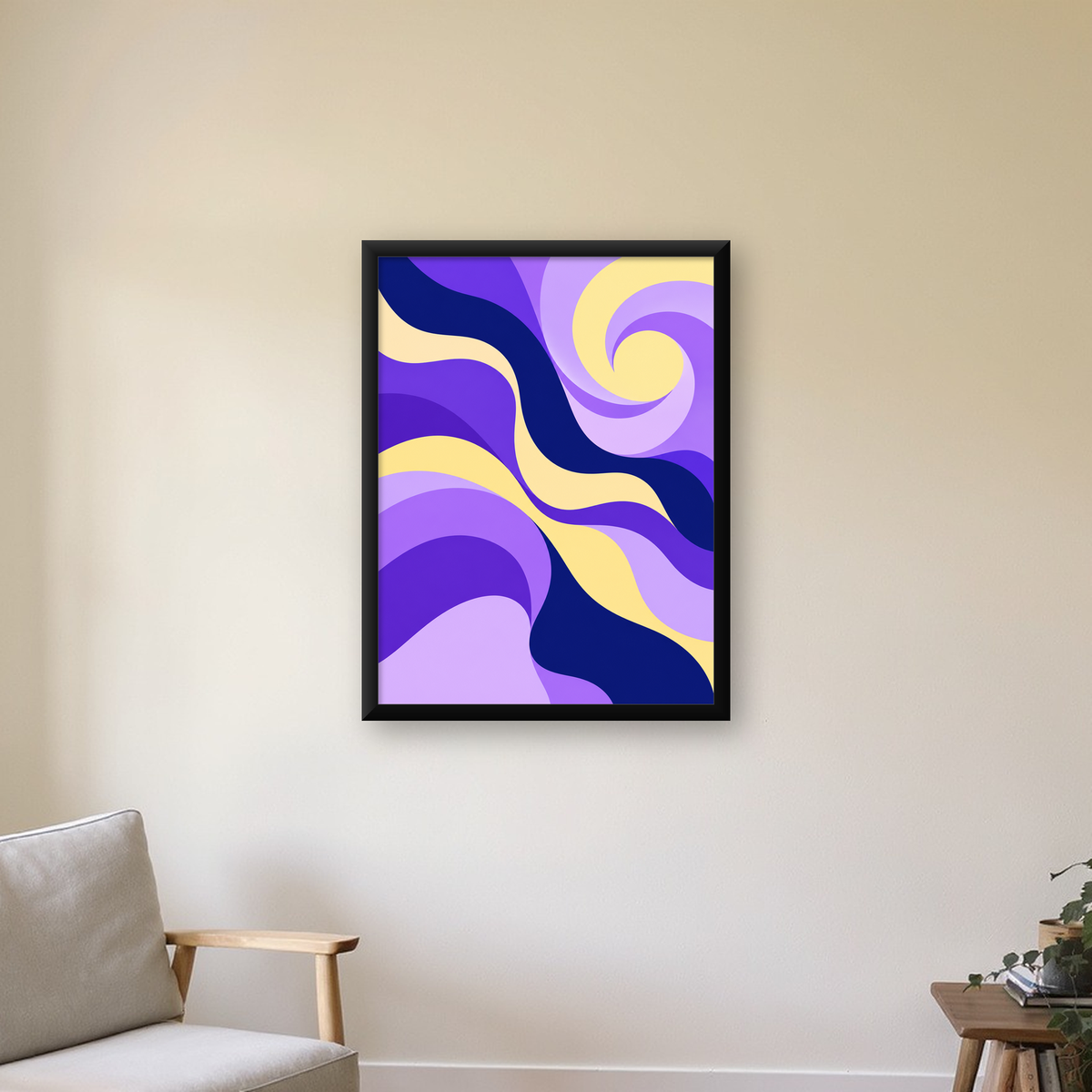 Mor ve Sarı Dalgalı Soyut Poster – Modern Dijital Sanat — Dikey baskı, çerçeveli hâliyle bir ev duvarında