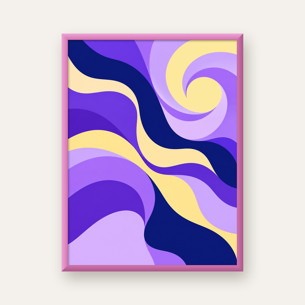 Mor ve Sarı Dalgalı Soyut Poster – Modern Dijital Sanat — pembe çerçeveli