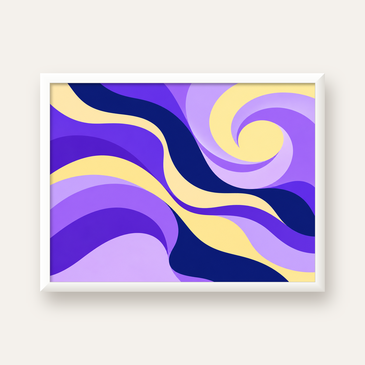Mor ve Sarı Dalgalı Soyut Poster – Modern Dijital Sanat — beyaz çerçeveli yatay poster