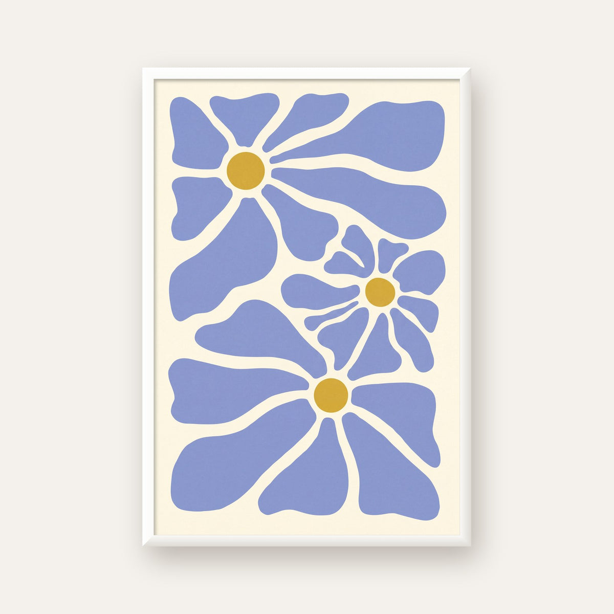 Soyut Mavi Çiçekler – Modern Dijital Poster Baskı — beyaz çerçeveli dikey poster