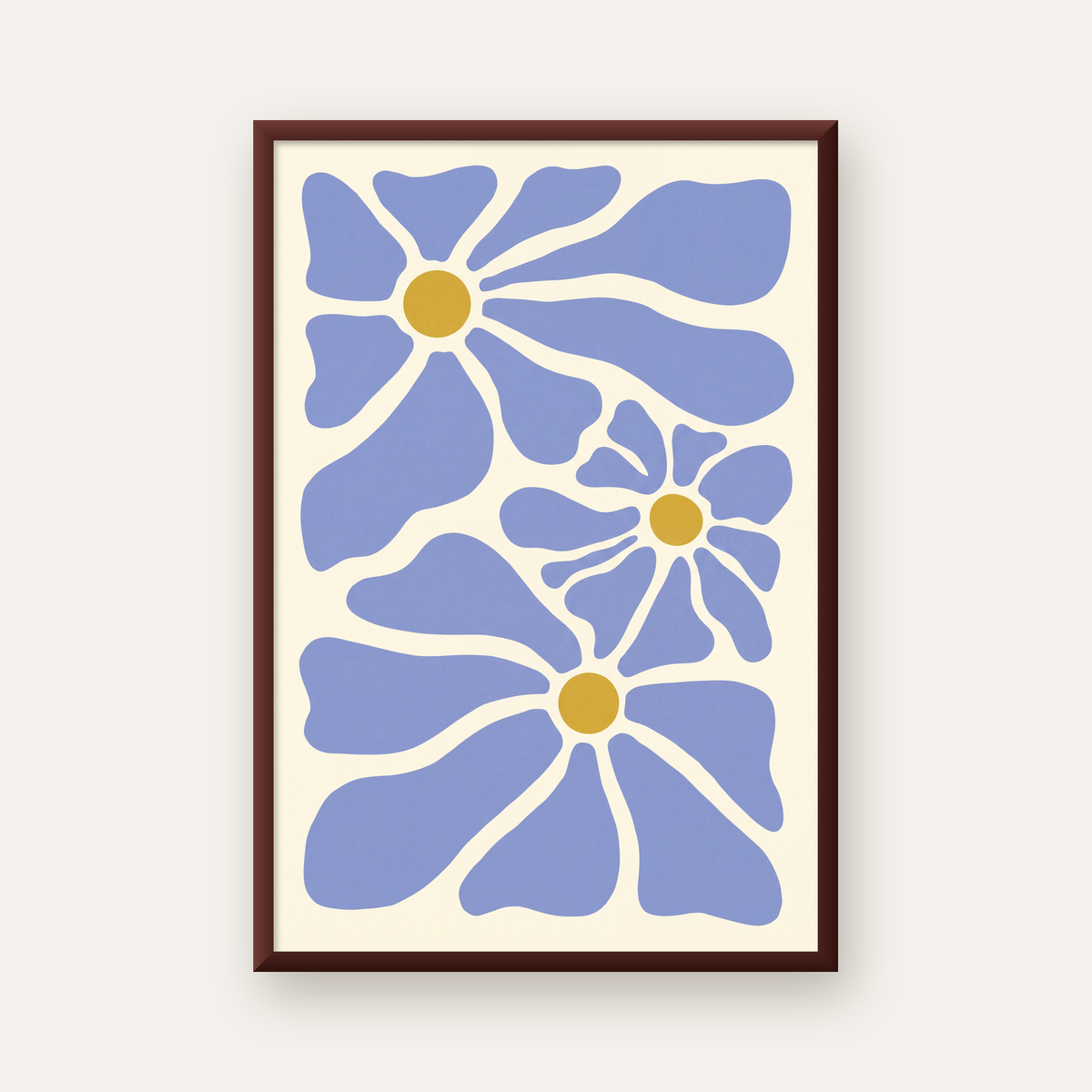 Soyut Mavi Çiçekler – Modern Dijital Poster Baskı — ceviz çerçeveli