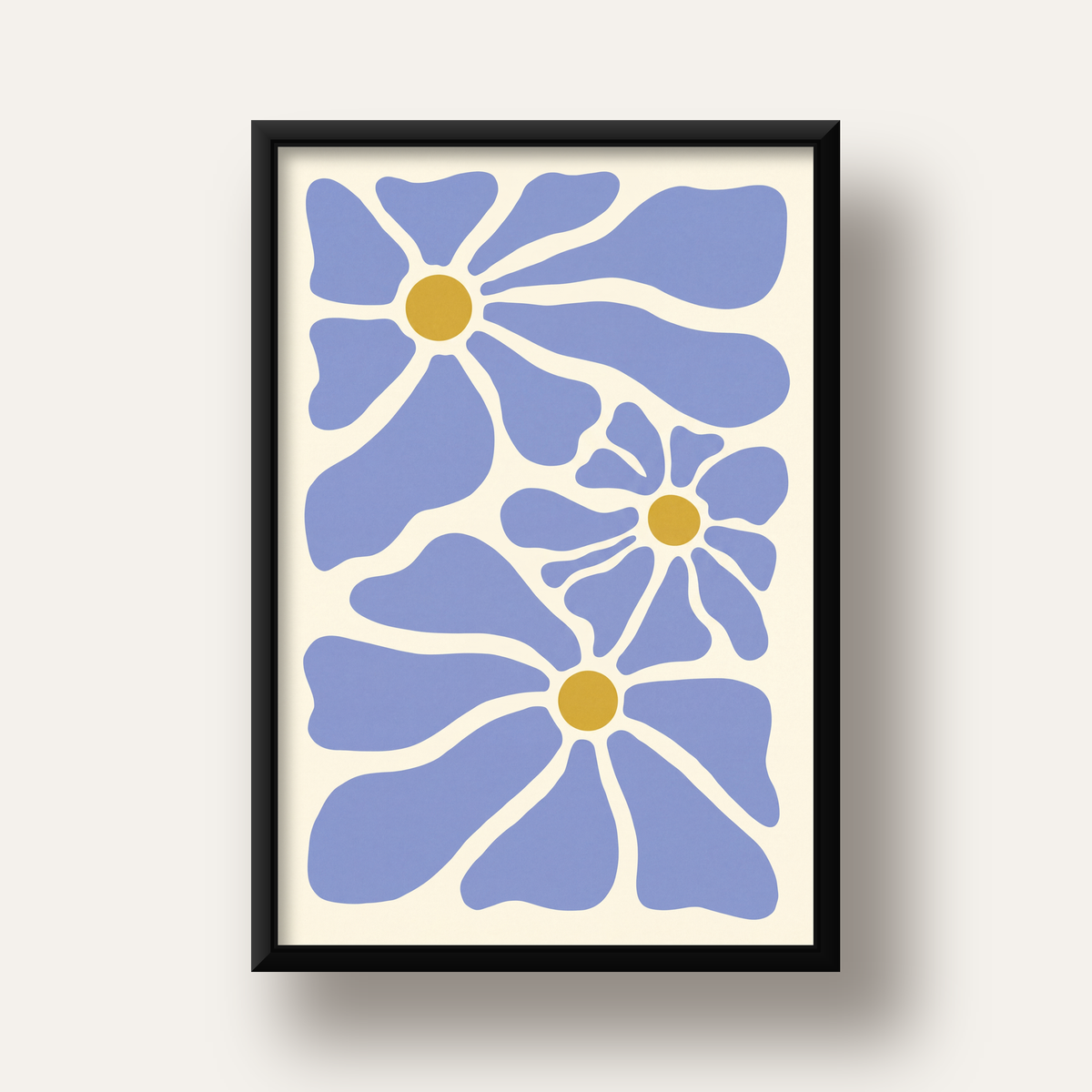 Soyut Mavi Çiçekler – Modern Dijital Poster Baskı — siyah derin çerçeveli