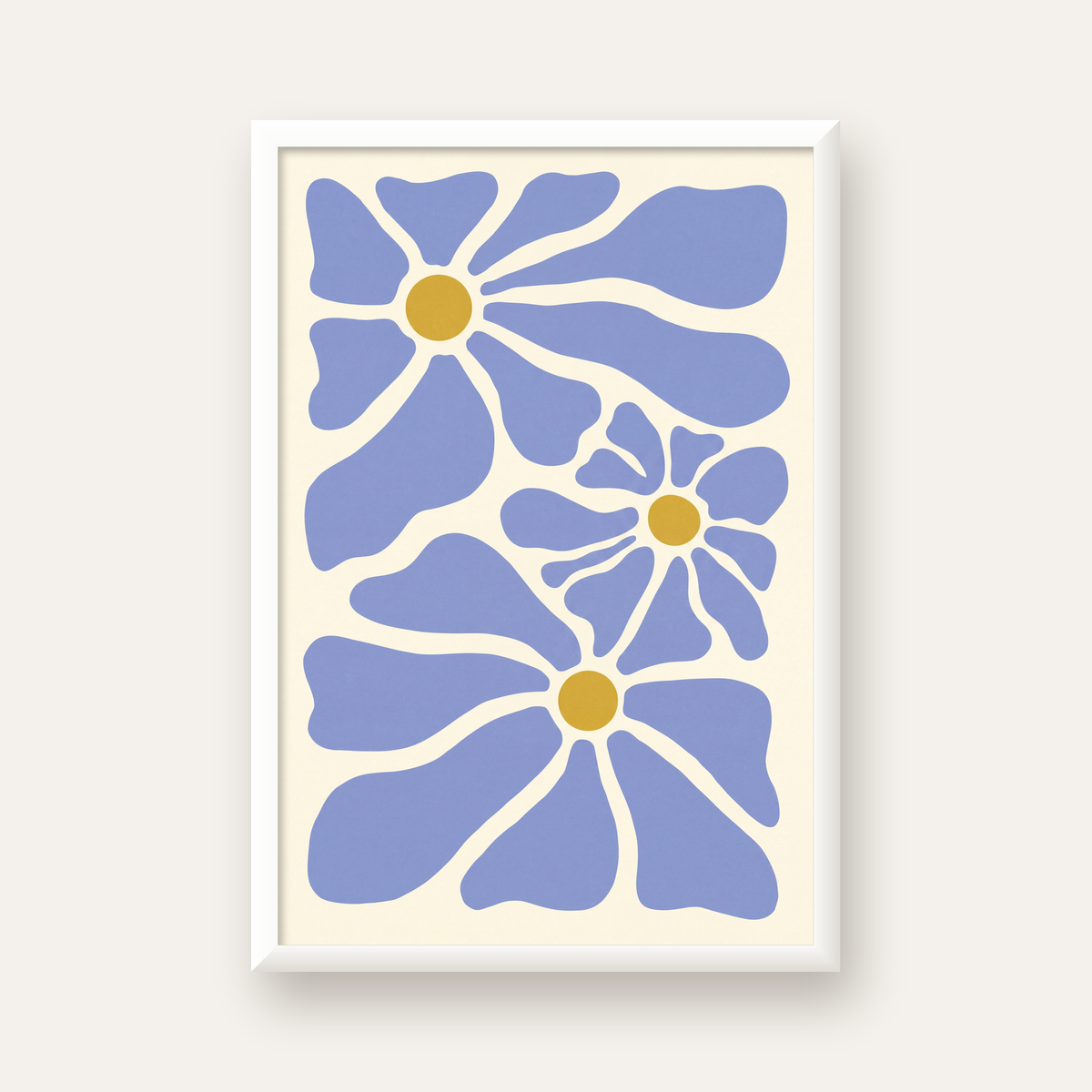 Soyut Mavi Çiçekler – Modern Dijital Poster Baskı — beyaz çerçeveli dikey poster