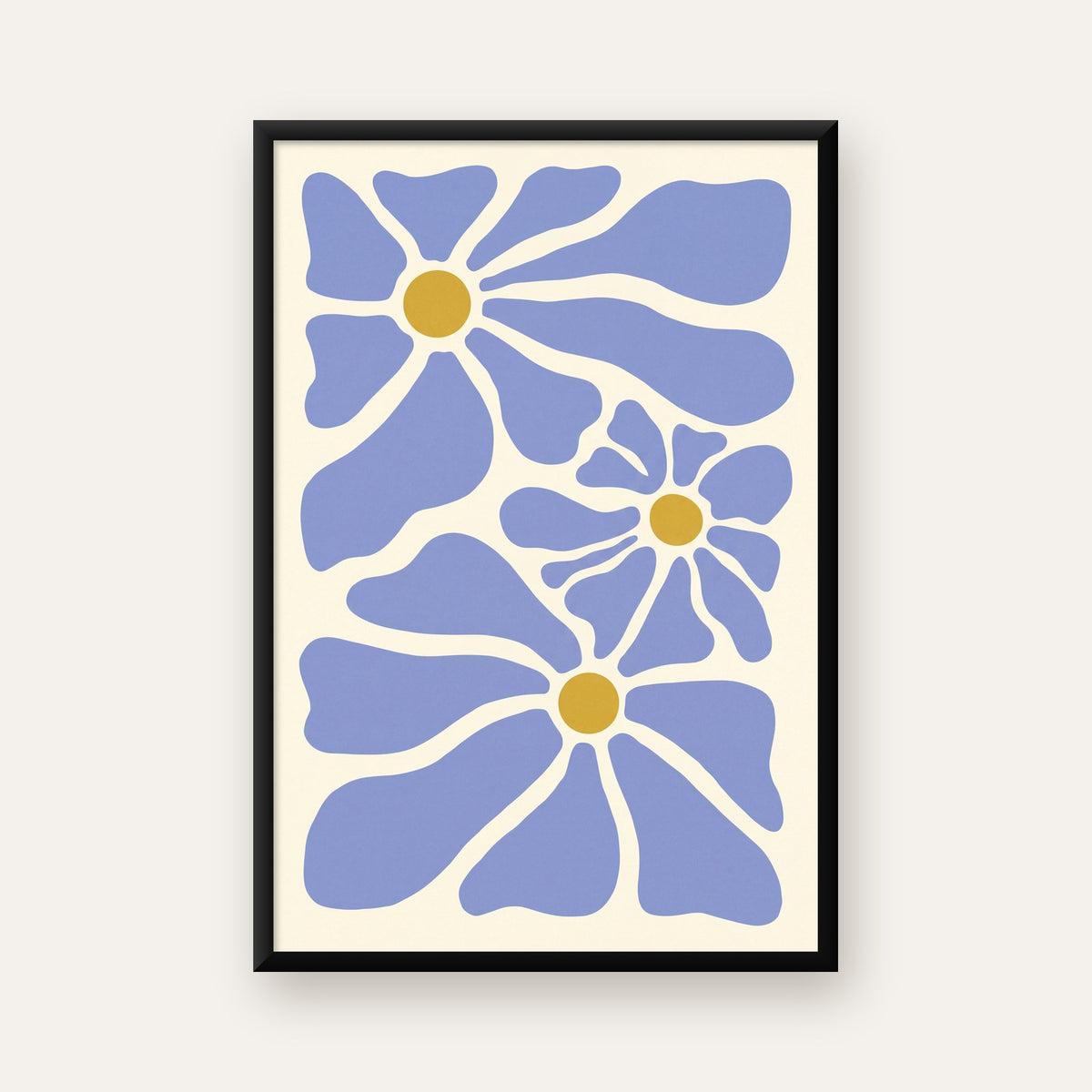 Soyut Mavi Çiçekler – Modern Dijital Poster Baskı — ceviz çerçeveli