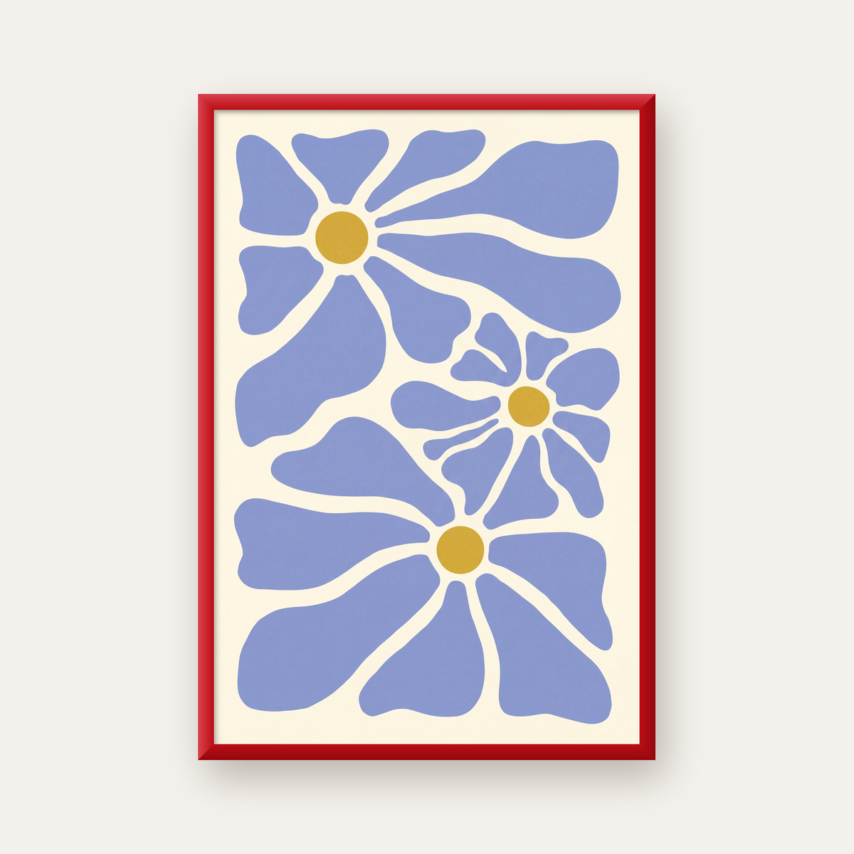 Soyut Mavi Çiçekler – Modern Dijital Poster Baskı — kırmızı çerçeveli