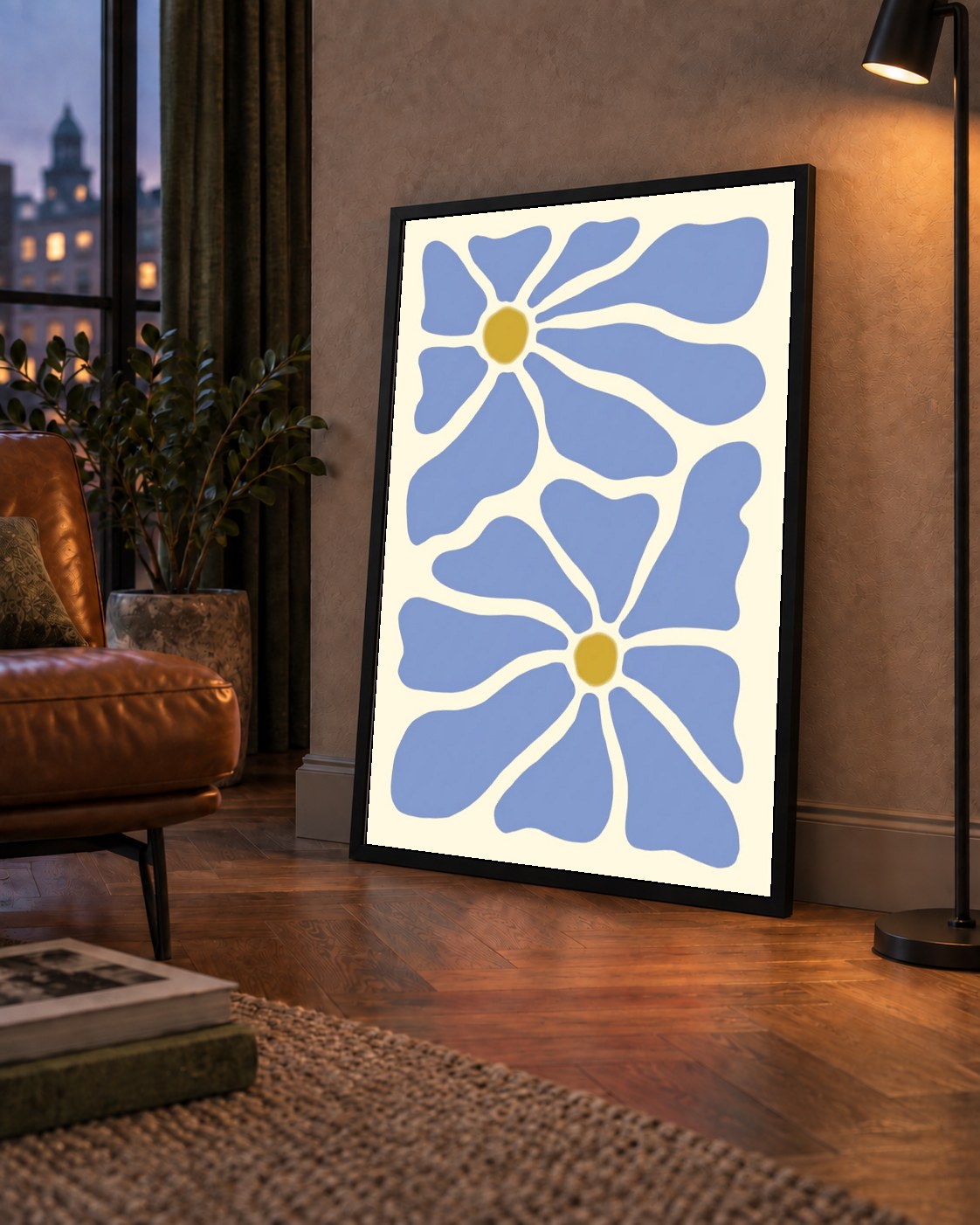 Soyut Mavi Çiçekler – Modern Dijital Poster Baskı