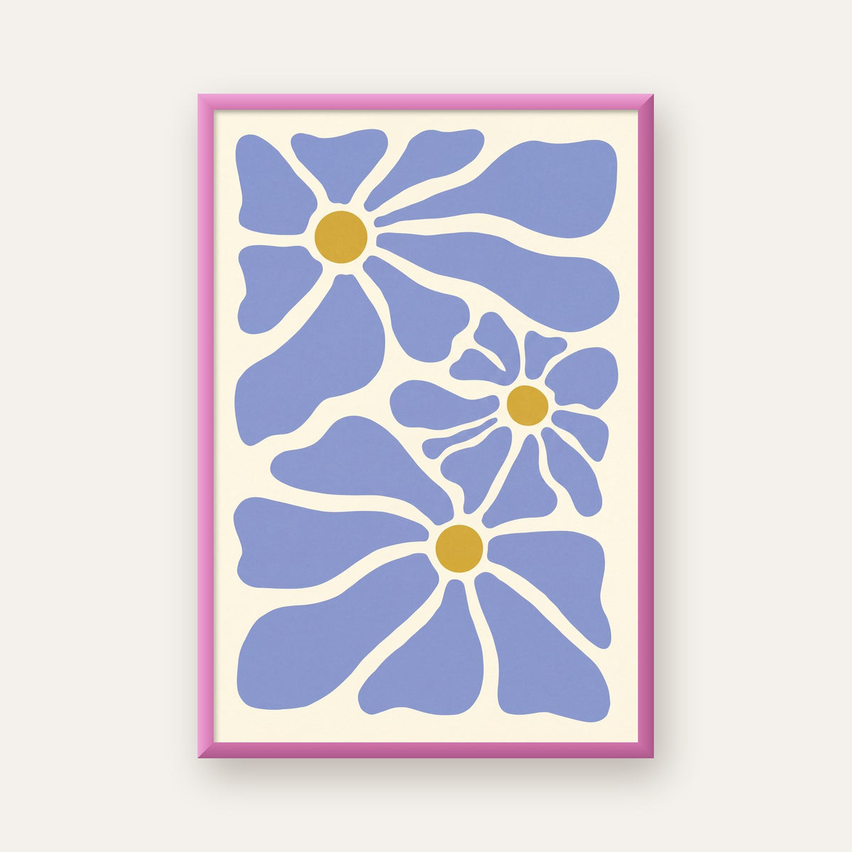 Soyut Mavi Çiçekler – Modern Dijital Poster Baskı — pembe çerçeveli