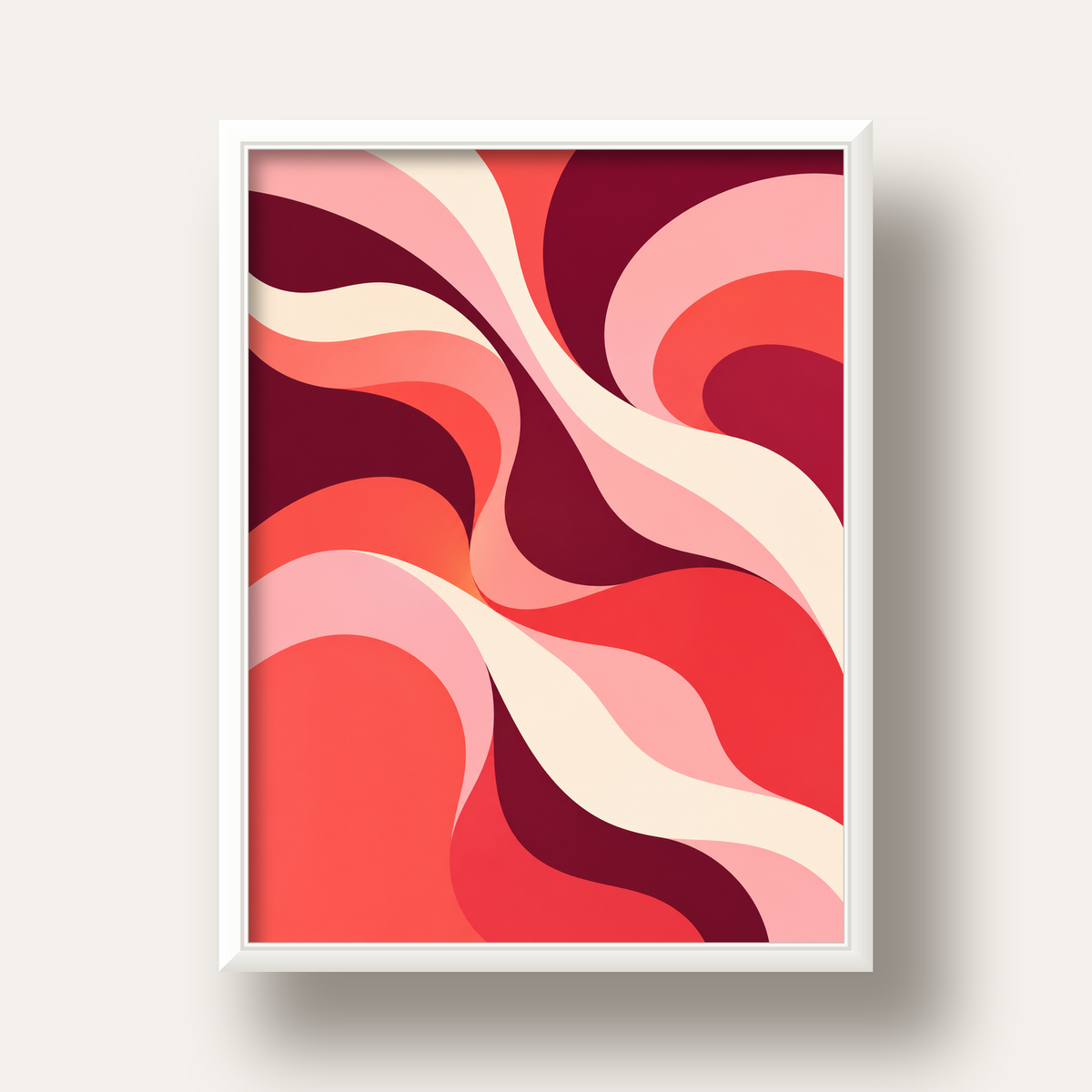 Kırmızı Soyut Dalgalar – Modern Akışkan Sanat Poster — beyaz derin çerçeveli