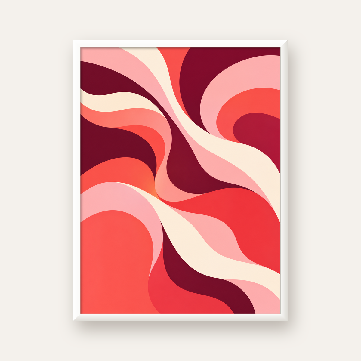 Kırmızı Soyut Dalgalar – Modern Akışkan Sanat Poster — beyaz çerçeveli dikey poster