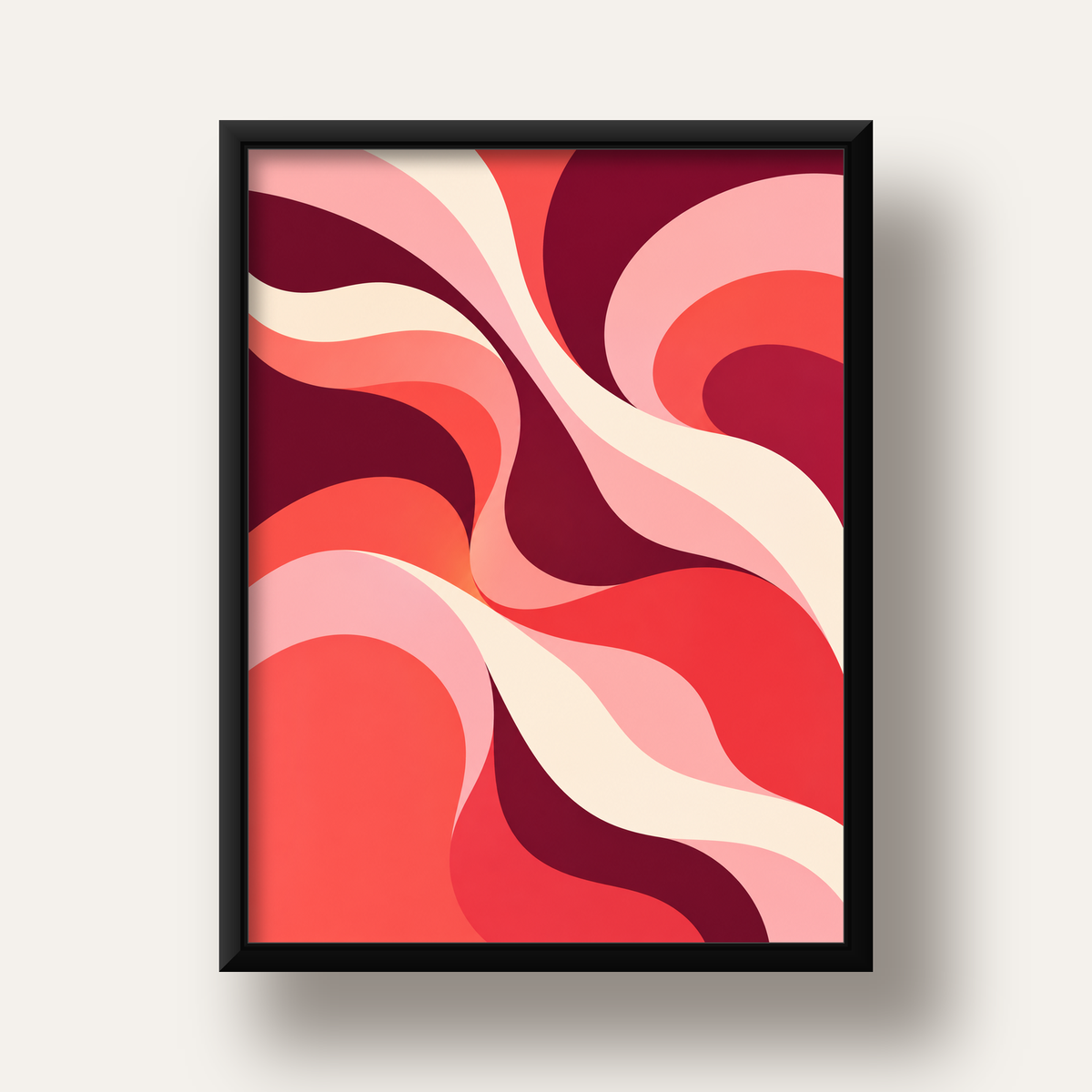 Kırmızı Soyut Dalgalar – Modern Akışkan Sanat Poster — siyah derin çerçeveli