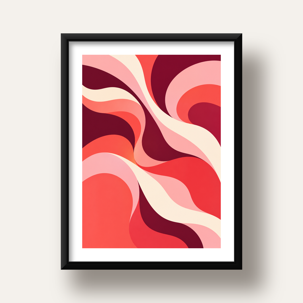 Kırmızı Soyut Dalgalar – Modern Akışkan Sanat Poster — siyah derin çerçeveli paspartulu