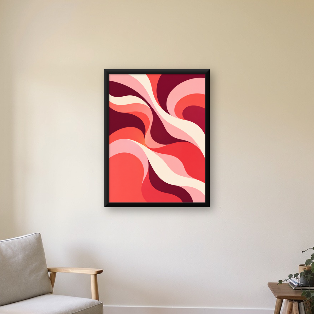 Kırmızı Soyut Dalgalar – Modern Akışkan Sanat Poster — Dikey baskı, çerçeveli hâliyle bir ev duvarında