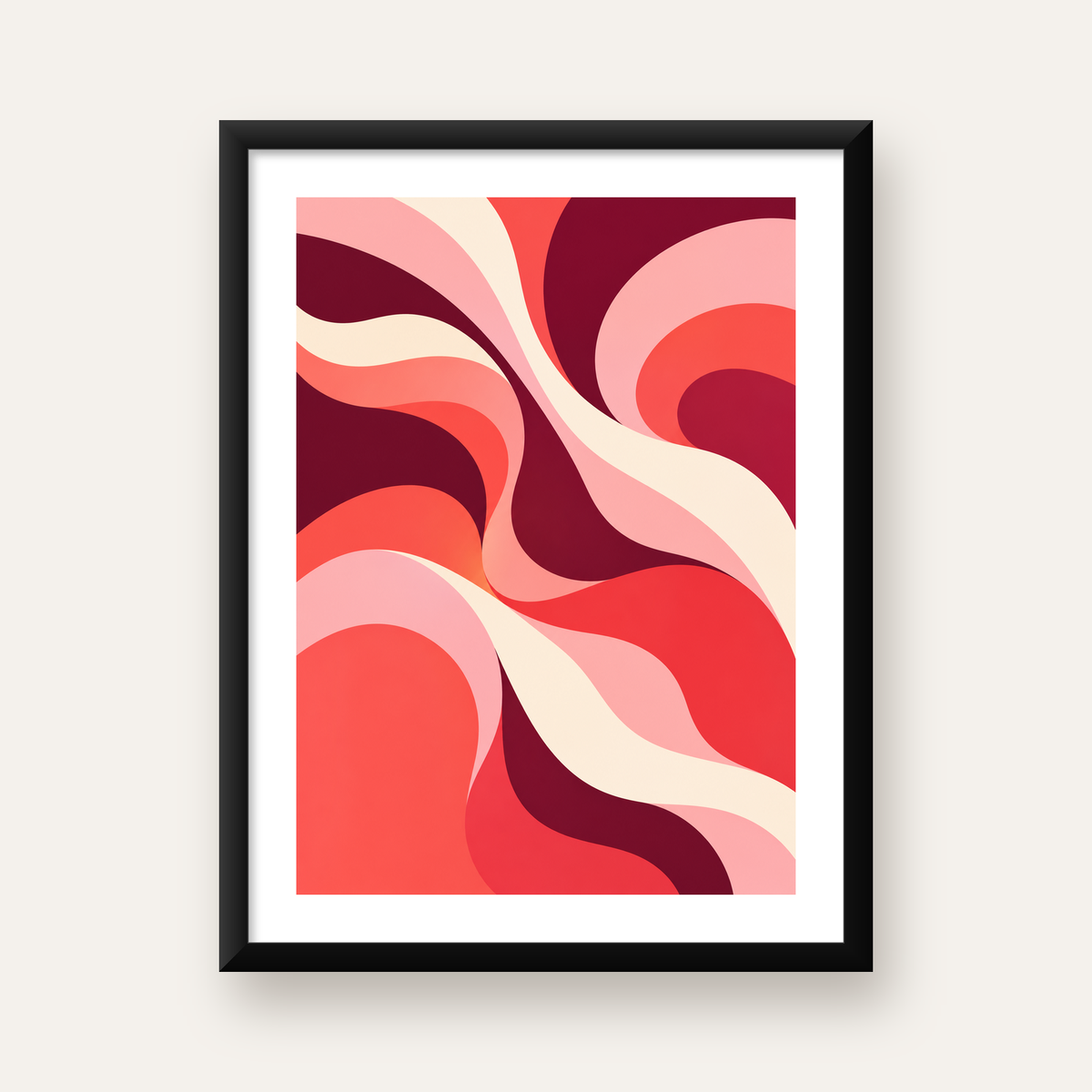 Kırmızı Soyut Dalgalar – Modern Akışkan Sanat Poster — Dikey baskı, beyaz paspartulu