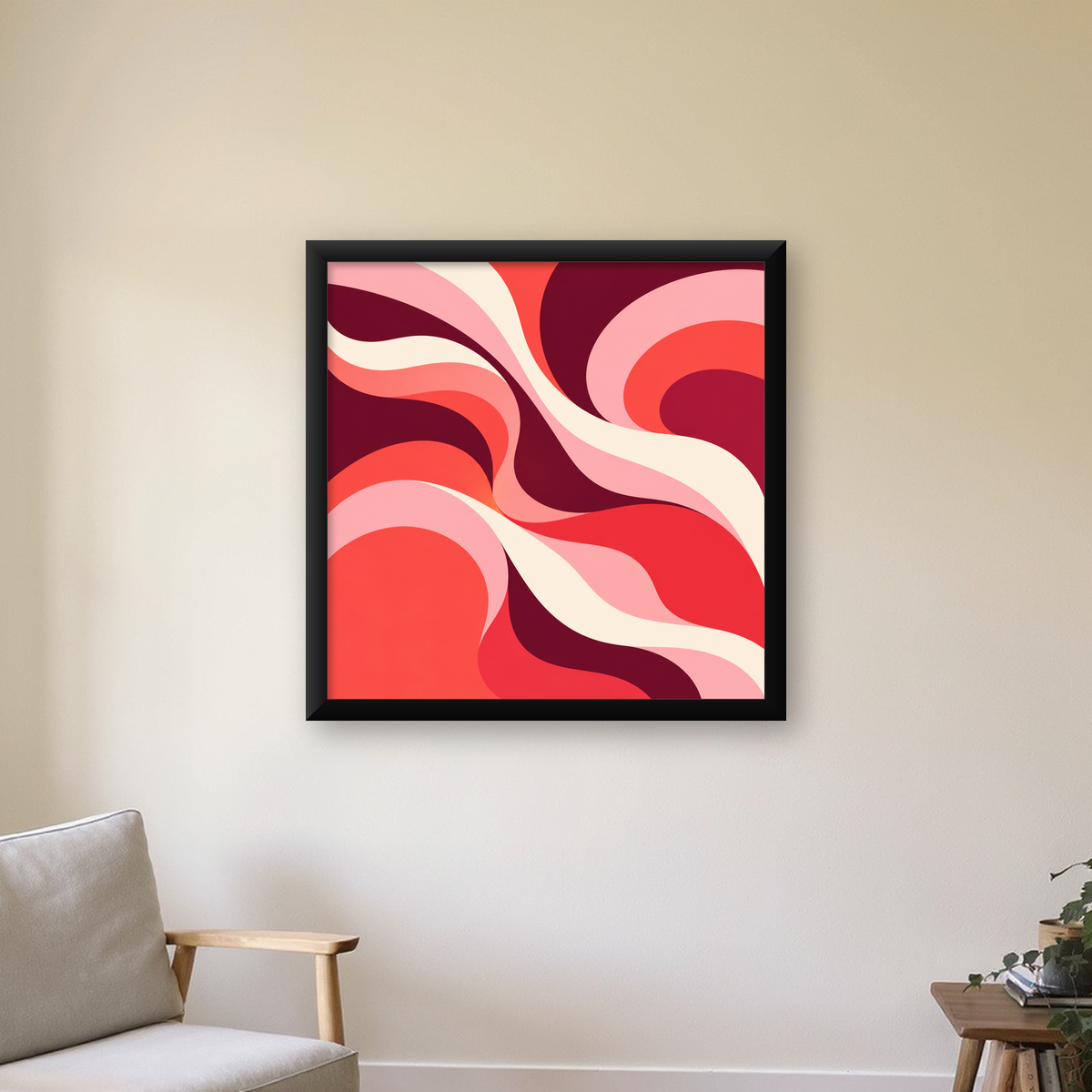 Kırmızı Soyut Dalgalar – Modern Akışkan Sanat Poster — Kare baskı, çerçeveli hâliyle bir ev duvarında