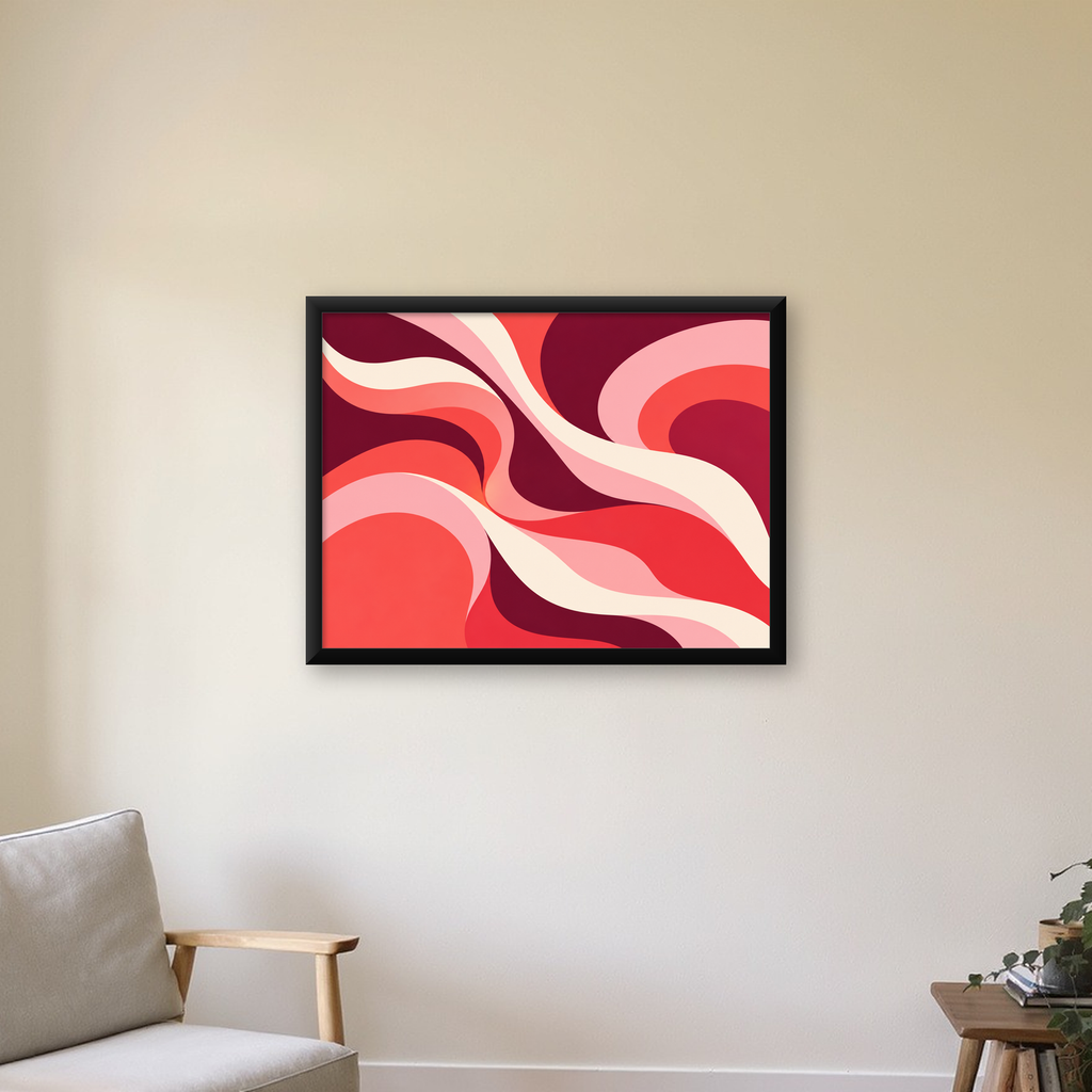 Kırmızı Soyut Dalgalar – Modern Akışkan Sanat Poster — Yatay baskı, çerçeveli hâliyle bir ev duvarında