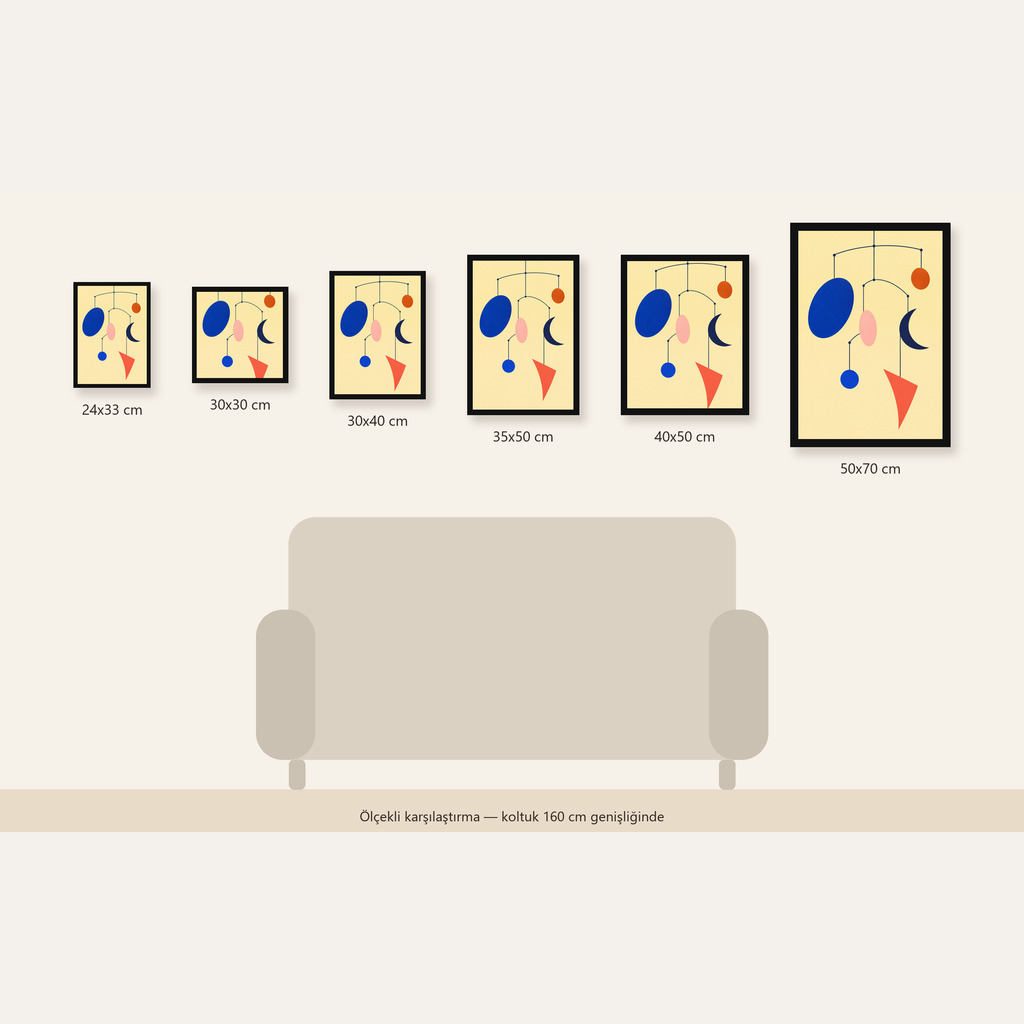 Soyut Mobil Heykel: Minimalist Modern Poster — 24×33 cm'den 50×70 cm'e, altı ölçünün karşılaştırması