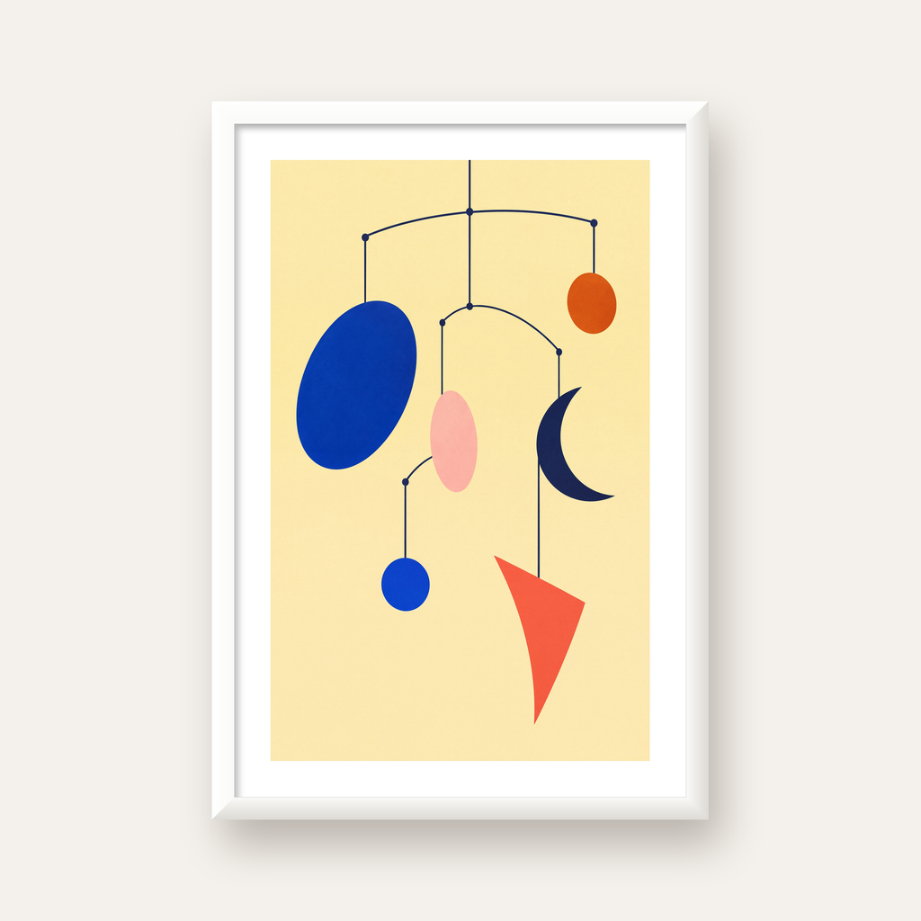 Soyut Mobil Heykel: Minimalist Modern Poster — beyaz çerçeveli dikey poster