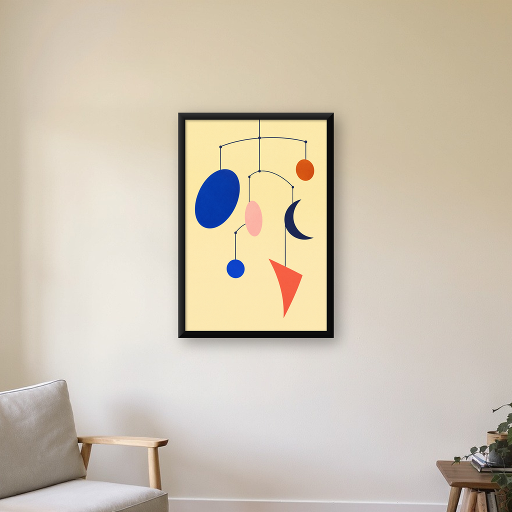 Soyut Mobil Heykel: Minimalist Modern Poster — çerçeveli hâliyle bir ev duvarında