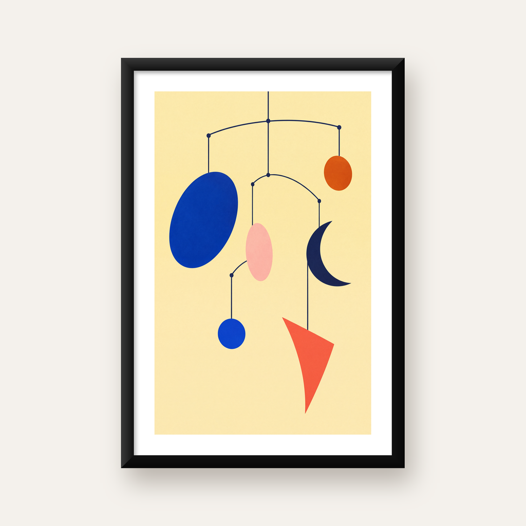 Soyut Mobil Heykel: Minimalist Modern Poster — beyaz paspartulu, düz siyah çerçeveli
