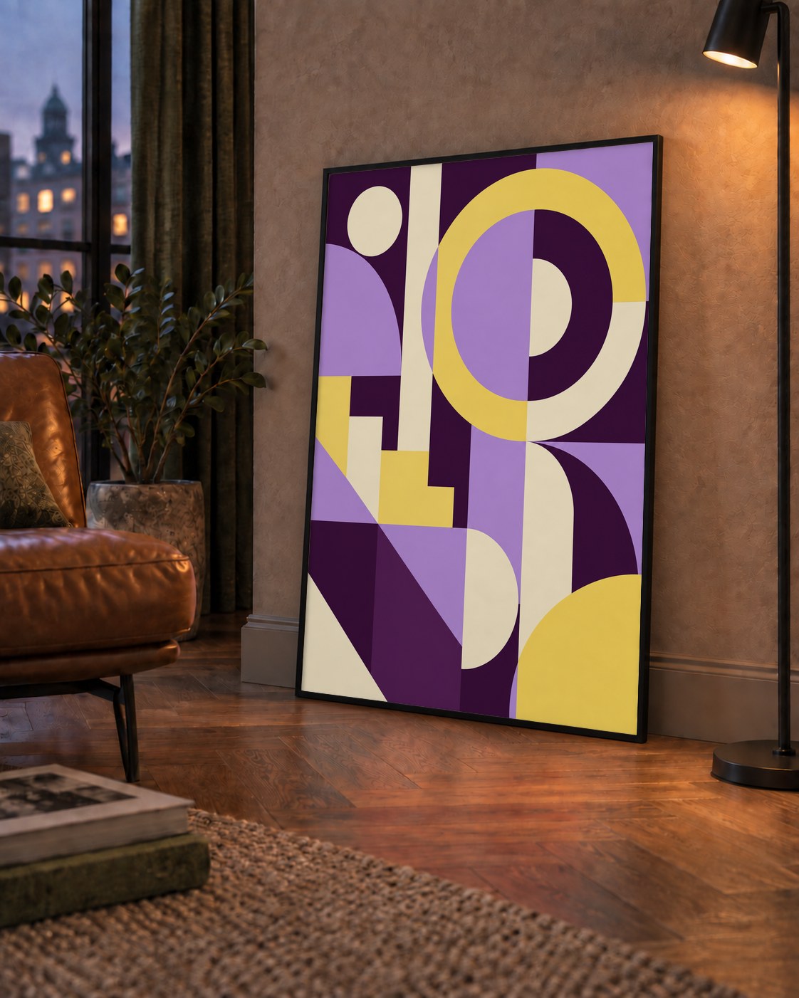 Modern Geometrik Soyut Desen Poster – Minimal Sanat Baskısı — çerçeveli hâliyle bir ev duvarında