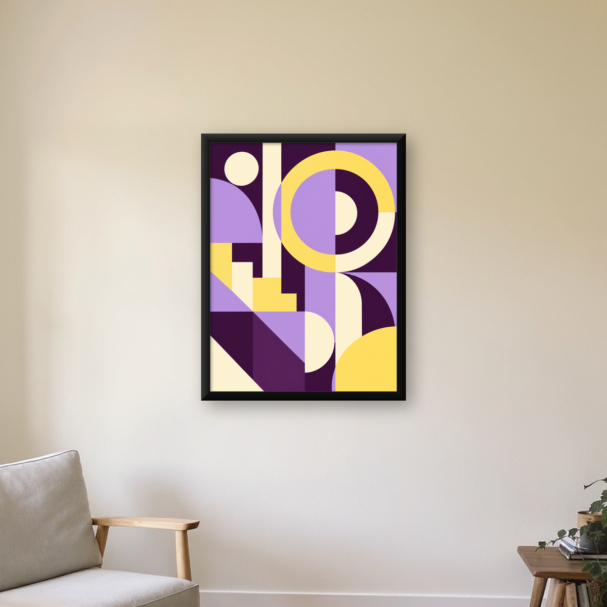 Modern Geometrik Soyut Desen Poster – Minimal Sanat Baskısı — Dikey baskı, çerçeveli hâliyle bir ev duvarında