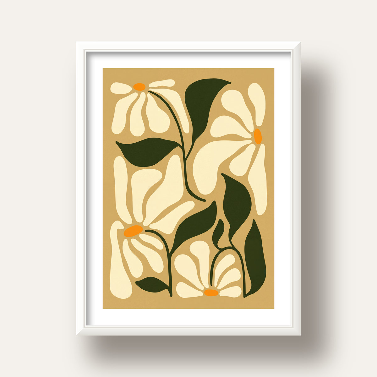 Soyut Papatya Çiçekleri Modern Poster – Minimal Çiçek Duvar Sanatı — beyaz derin çerçeveli paspartulu