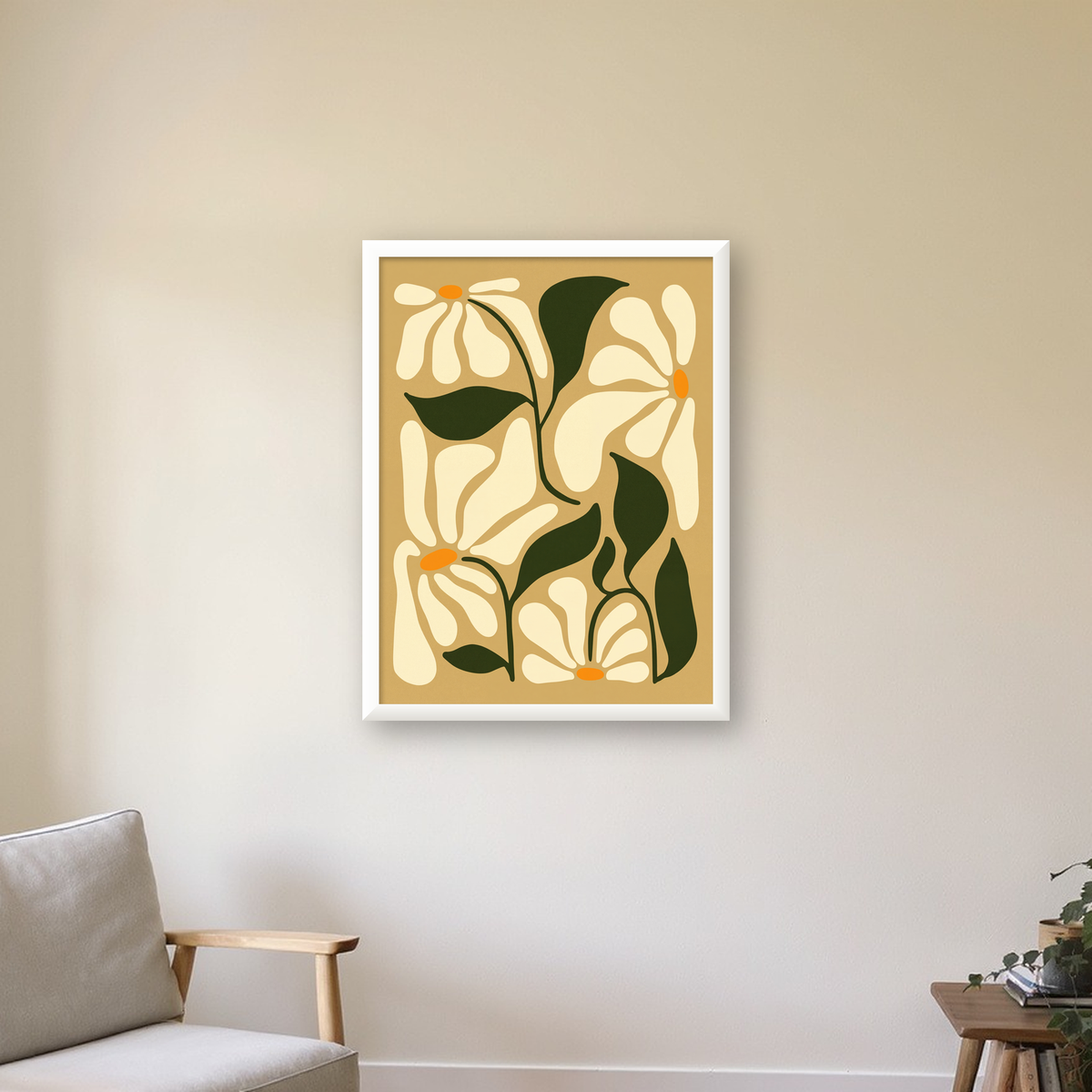 Soyut Papatya Çiçekleri Modern Poster – Minimal Çiçek Duvar Sanatı — beyaz çerçeveli dikey poster