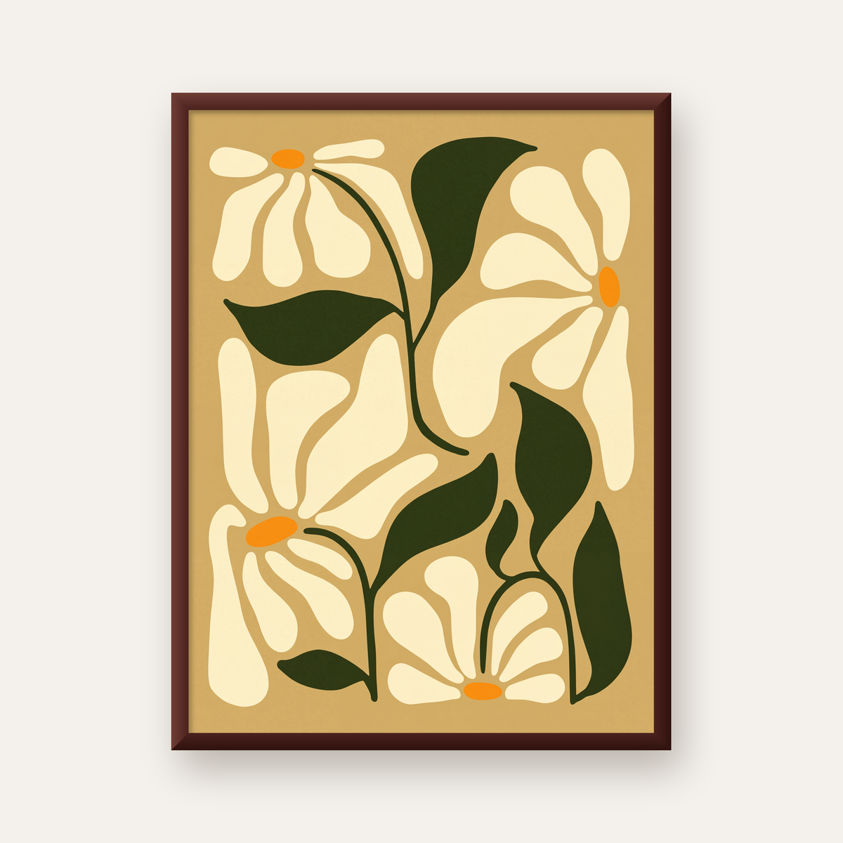 Soyut Papatya Çiçekleri Modern Poster – Minimal Çiçek Duvar Sanatı — ceviz çerçeveli