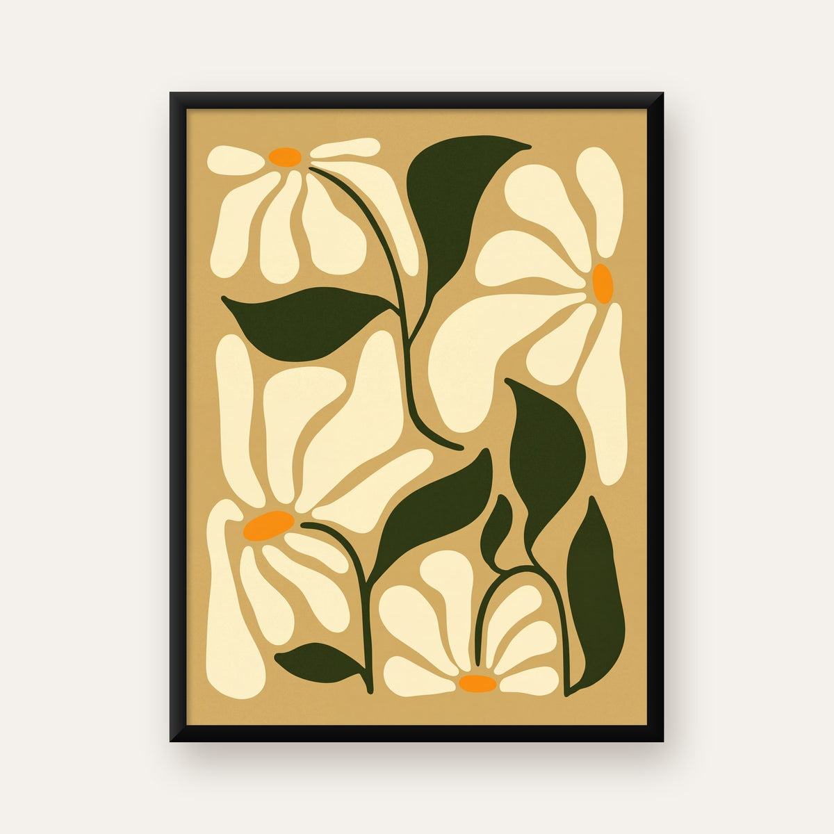 Soyut Papatya Çiçekleri Modern Poster – Minimal Çiçek Duvar Sanatı — Dikey baskı, düz siyah çerçeveli duvar posteri