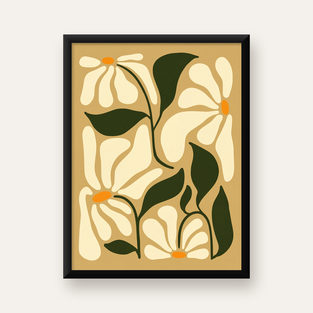 Soyut Papatya Çiçekleri Modern Poster – Minimal Çiçek Duvar Sanatı — Dikey baskı, düz siyah çerçeveli duvar posteri
